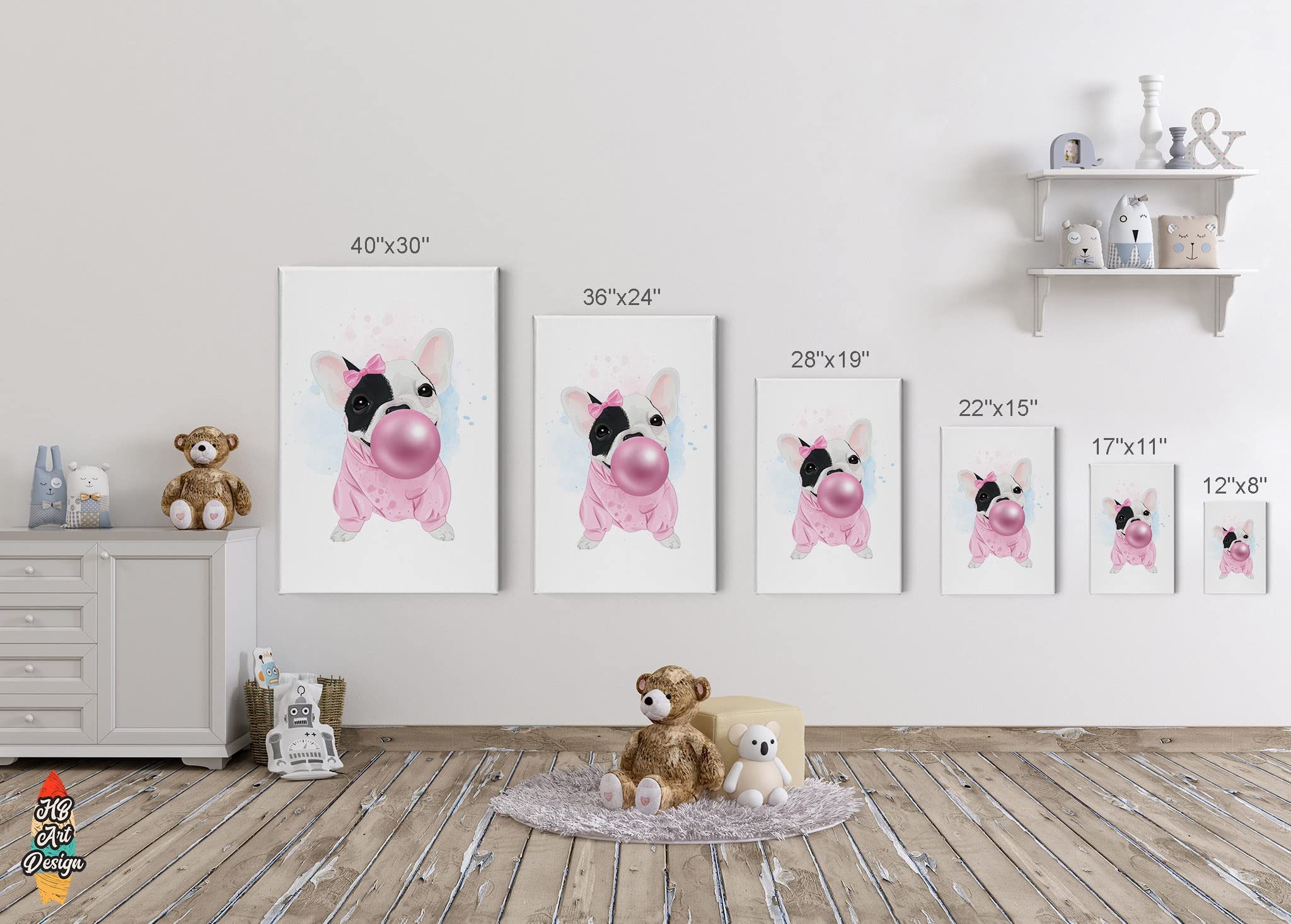French Bulldog Pop Art Canvas Print - Pink Bubble Gum Portrait, Dog Lover Gift, 40x30 Inch Wall Decor for Living Room, Kids Bedroom & Nursery | HB Art Design