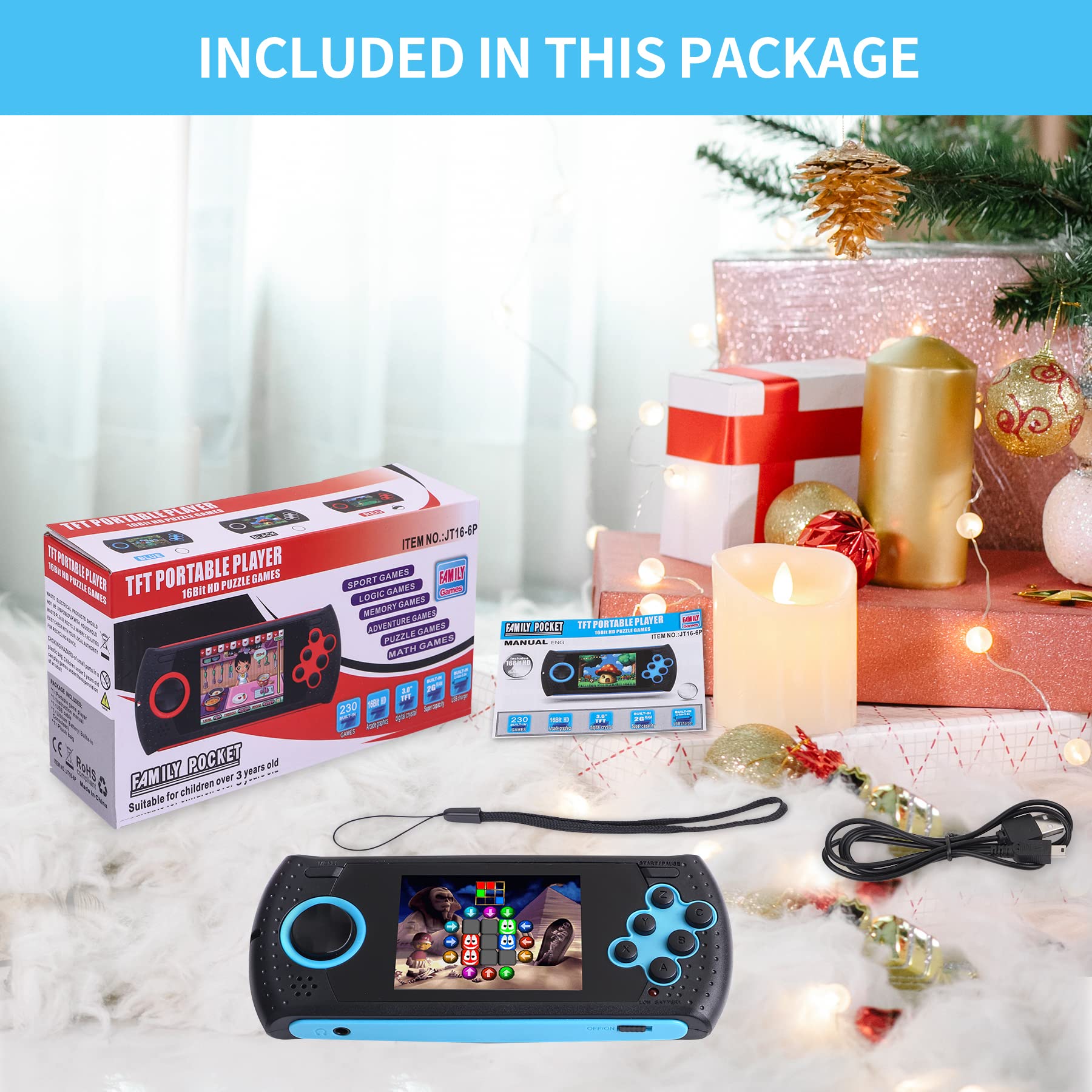 16 Bit Handheld Game Console for Kids - Built-in 230 HD Classic Retro Video Games, USB Rechargeable, 3.0 Inch Screen | Portable Gaming System for Boys & Girls Ages 4-12 | Perfect Travel Toy & Birthday Gift for Road Trips, Airplane Rides & Family Vacations