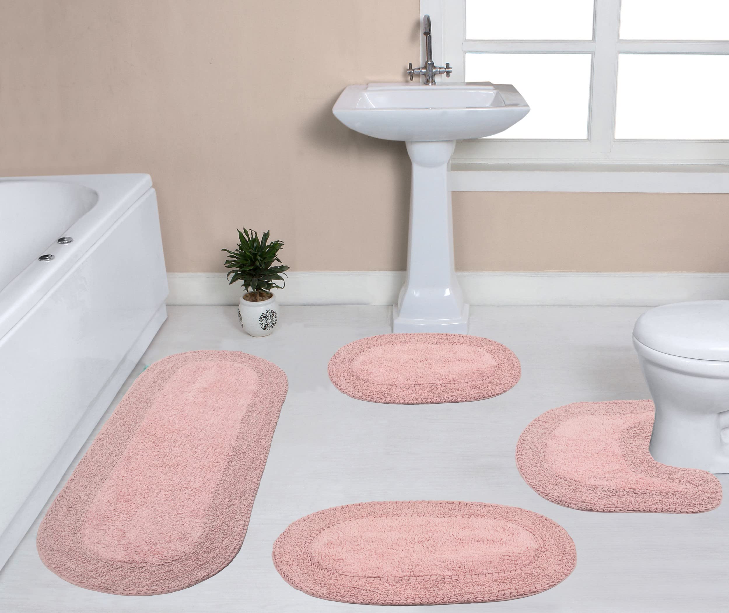 Home Weavers Double Ruffle Collection 100% Cotton Bathroom Rugs Set - Ultra Soft, Washable & Absorbent Non-Slip Bath Mat for Bathroom & Kitchen - 4 Piece Set with Contour (Pink) - Perfect for Spa-Style Bathrooms, Guest Bathrooms & Cozy Home Decor