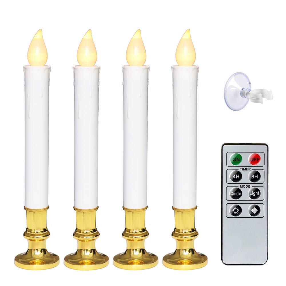 Wondise White Flameless Window Candles with Remote & Timer - Battery Operated LED Flickering Candles with Gold Holders & Suction Cups - Christmas Holiday Home Decor (9 Inch, Set of 4) - Perfect for Fireplace Mantel, Windowsills & Seasonal Decorations