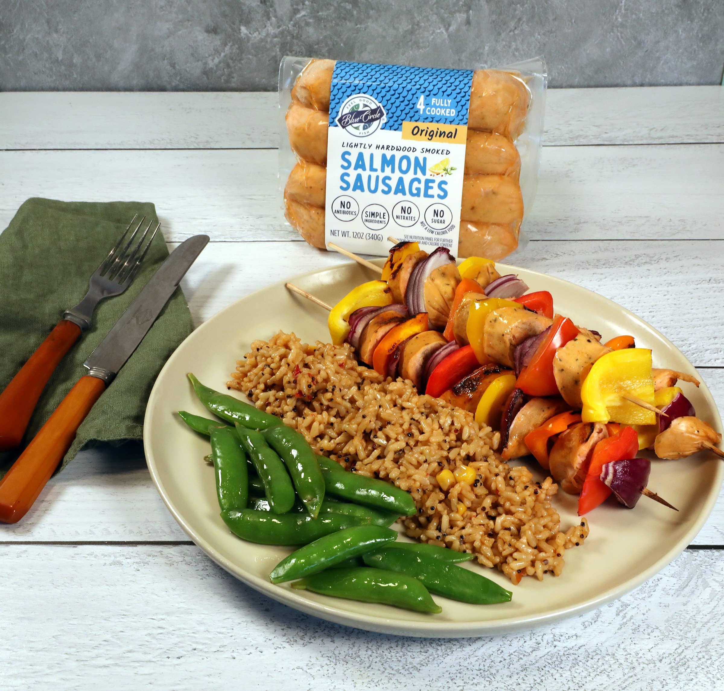 Blue Circle Foods Wild Caught Salmon Sausages | Sustainably Sourced, Fully Cooked, Lightly Hardwood Smoked (Original Flavor, 4 Packs / 16 Sausages) – Perfect for Camping, BBQs & Keto Diet Meals