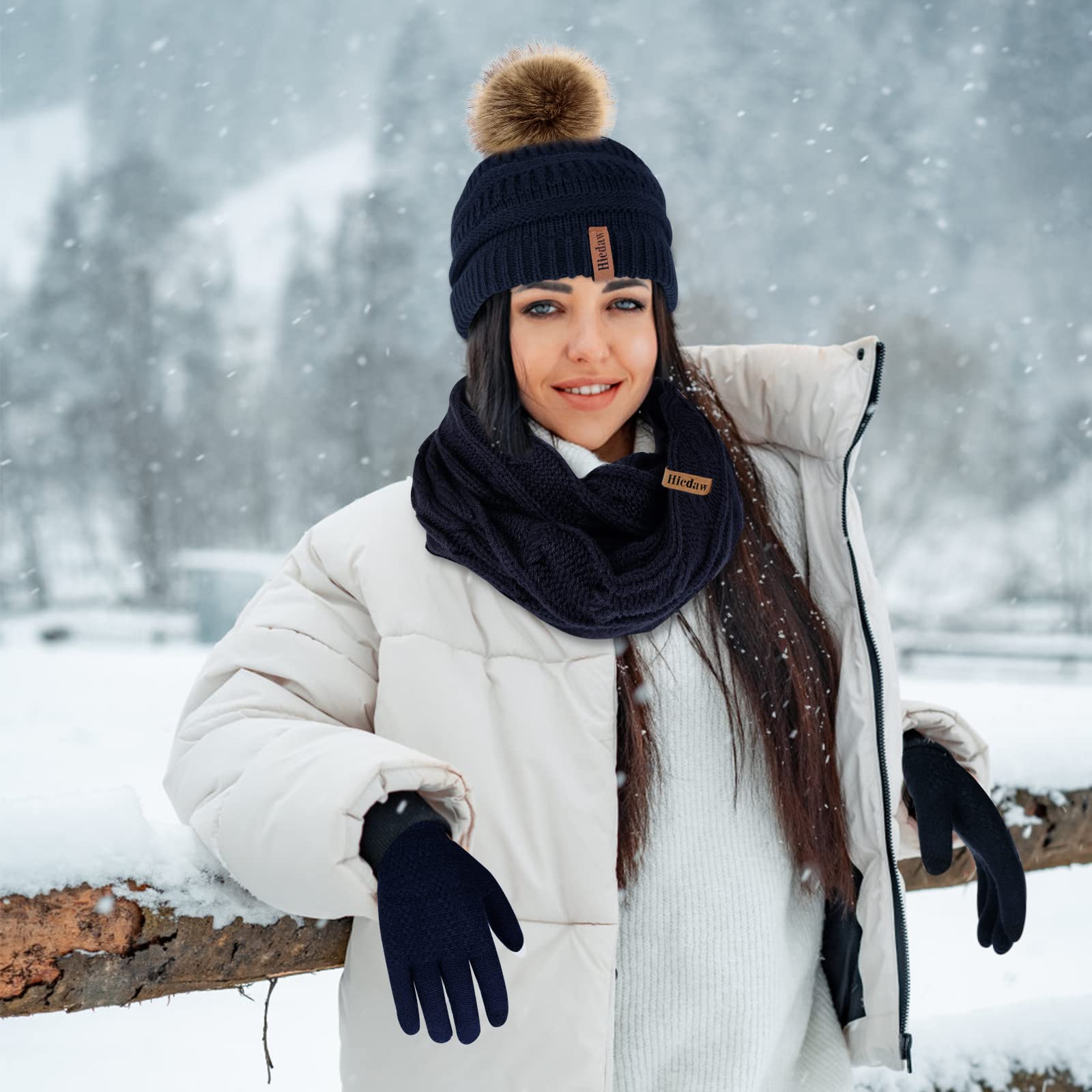 Hicdaw Women's Winter Hat Gloves Scarf Set - Warm Beanie Hat, Circle Loop Scarf & Gloves for Cold Weather - Perfect for Snowboarding, Skiing & Outdoor Activities