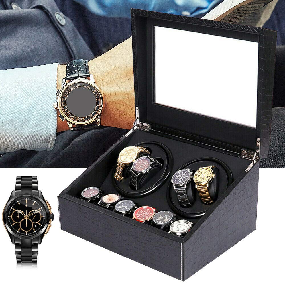 LOYALHEARTDY Automatic Watch Winder Display Box - 4 Watch Winders & 6 Storage Spaces - Black Crocodile Pattern - 2 Silent Motors - Auto Watch Storage Case for Luxury Watch Collection & Display - Perfect for Watch Enthusiasts, Collectors & Jewelry Storage
