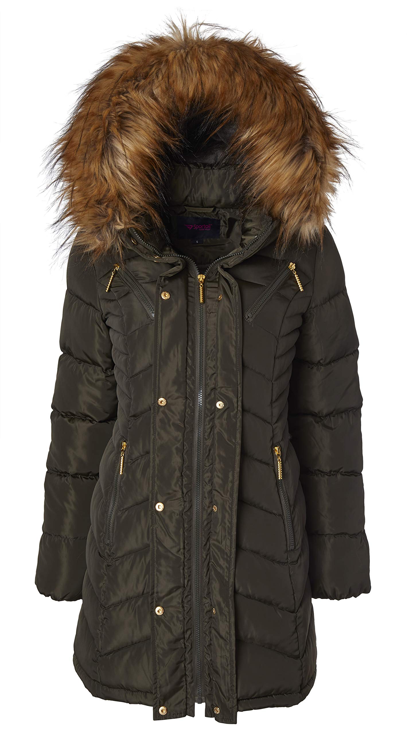 Sportoli Women's Long Quilted Down Alternative Puffer Jacket with Plush Lining & Fur Trim Hood - Warm Winter Coat for Outdoor Activities, Skiing, and Casual Wear