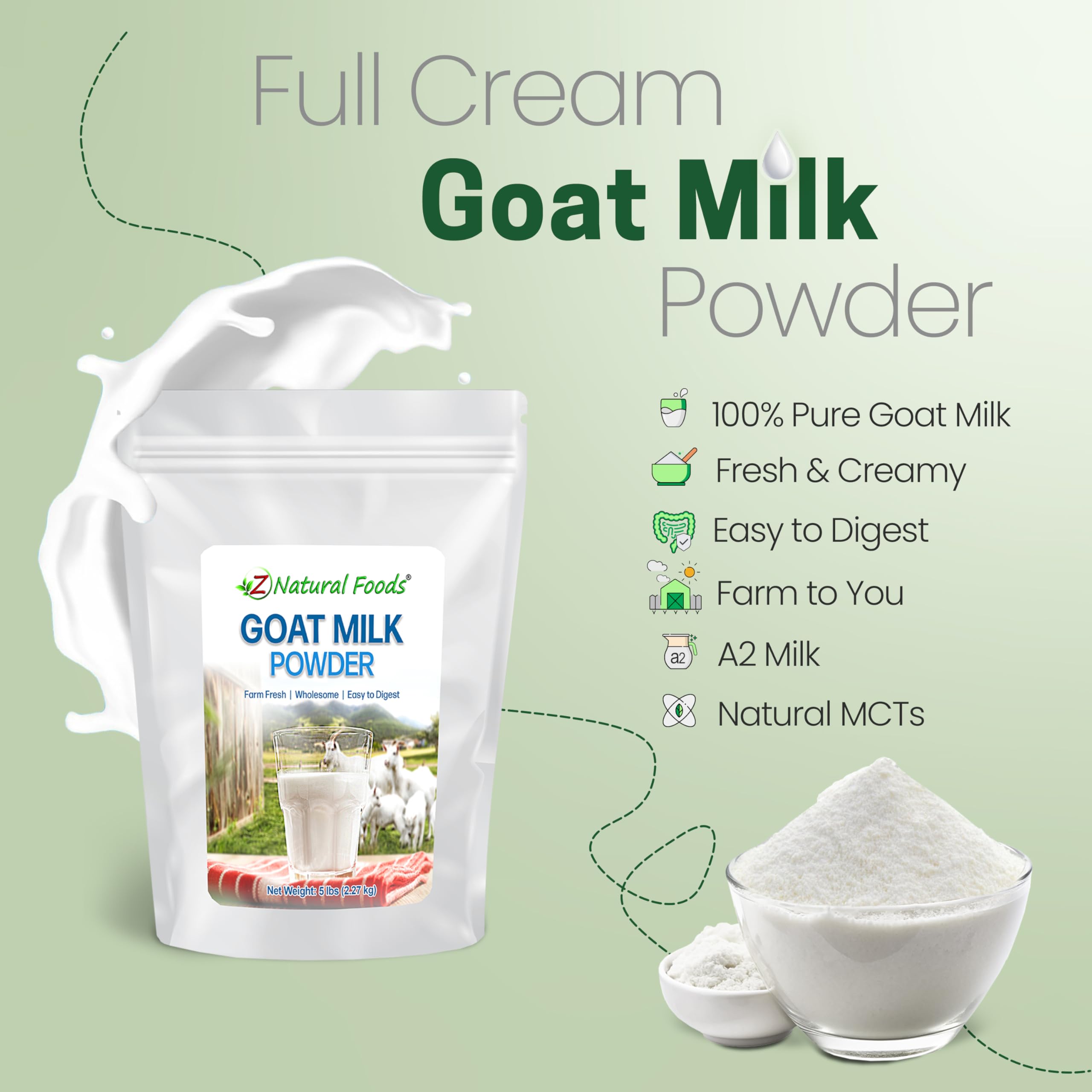 **Z Natural Foods Goat Milk Powder - Pure Netherlands Full Cream Powdered Goat Milk, Highly Nutritious & Easy to Digest - Whole Goats Milk for Adults - Perfect for Smoothies, Cooking, Baking, Coffee & Cereal - 5 lbs (80 oz)**