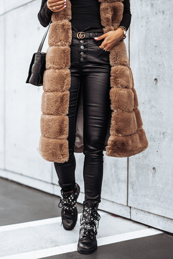 Solid Color Fur Round Neck Sleeveless Midi Vest Jacket for Women - Cozy Winter Fashion Outerwear for Casual Outings & Office Wear