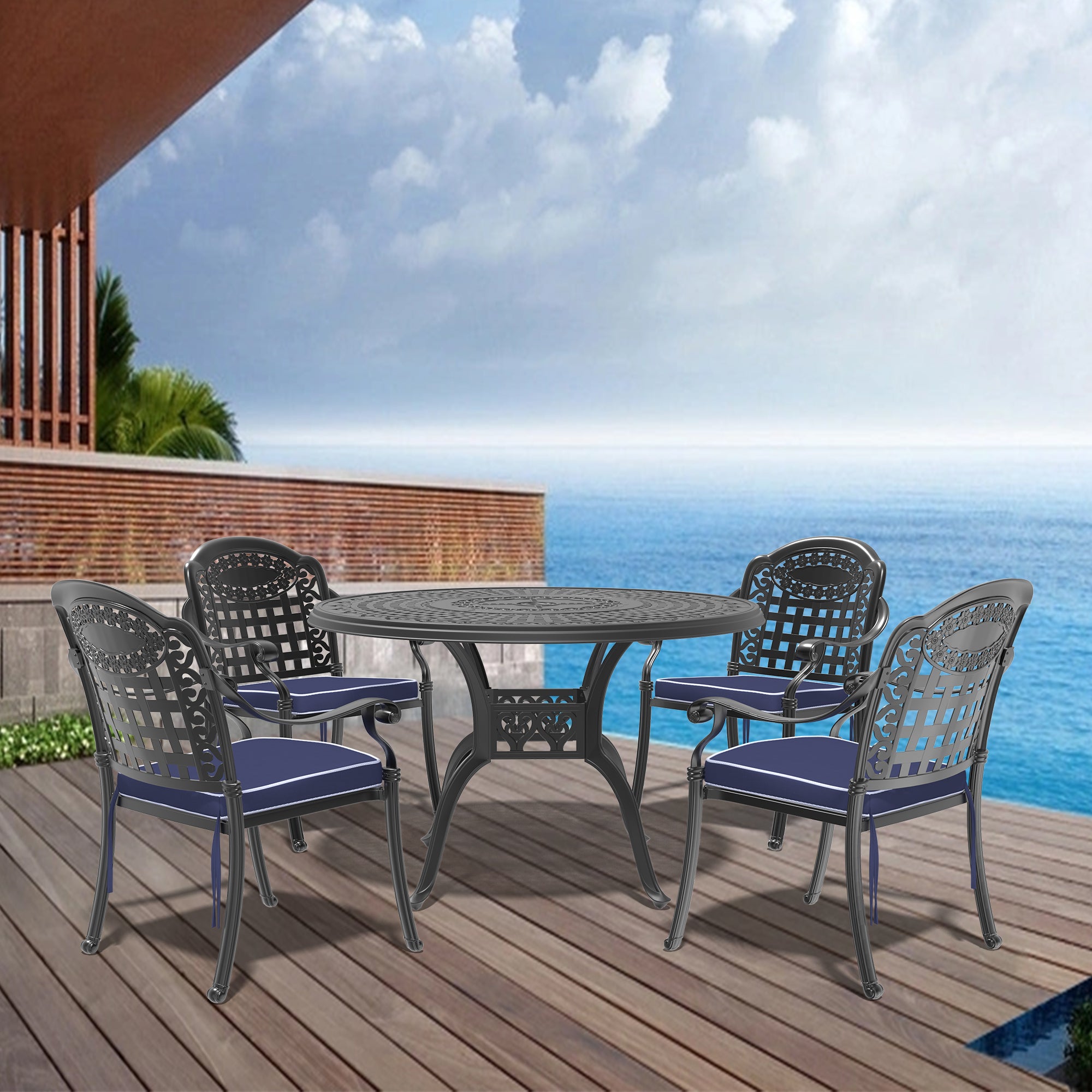 5-Piece Cast Aluminum Patio Furniture Set with Cushions - Outdoor Patio, Garden & Poolside Seating - Random Color Cushions Included