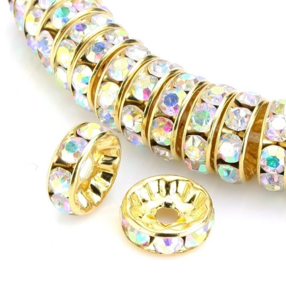 200pcs AAA Grade Crystal Rhinestone Rondelle Spacer Beads - 6mm (0.24 Inch) Gold Plated Brass Beads for DIY Jewelry Making, Crafting, Bracelets & Necklaces - Perfect for Wedding, Party & Fashion Accessories
