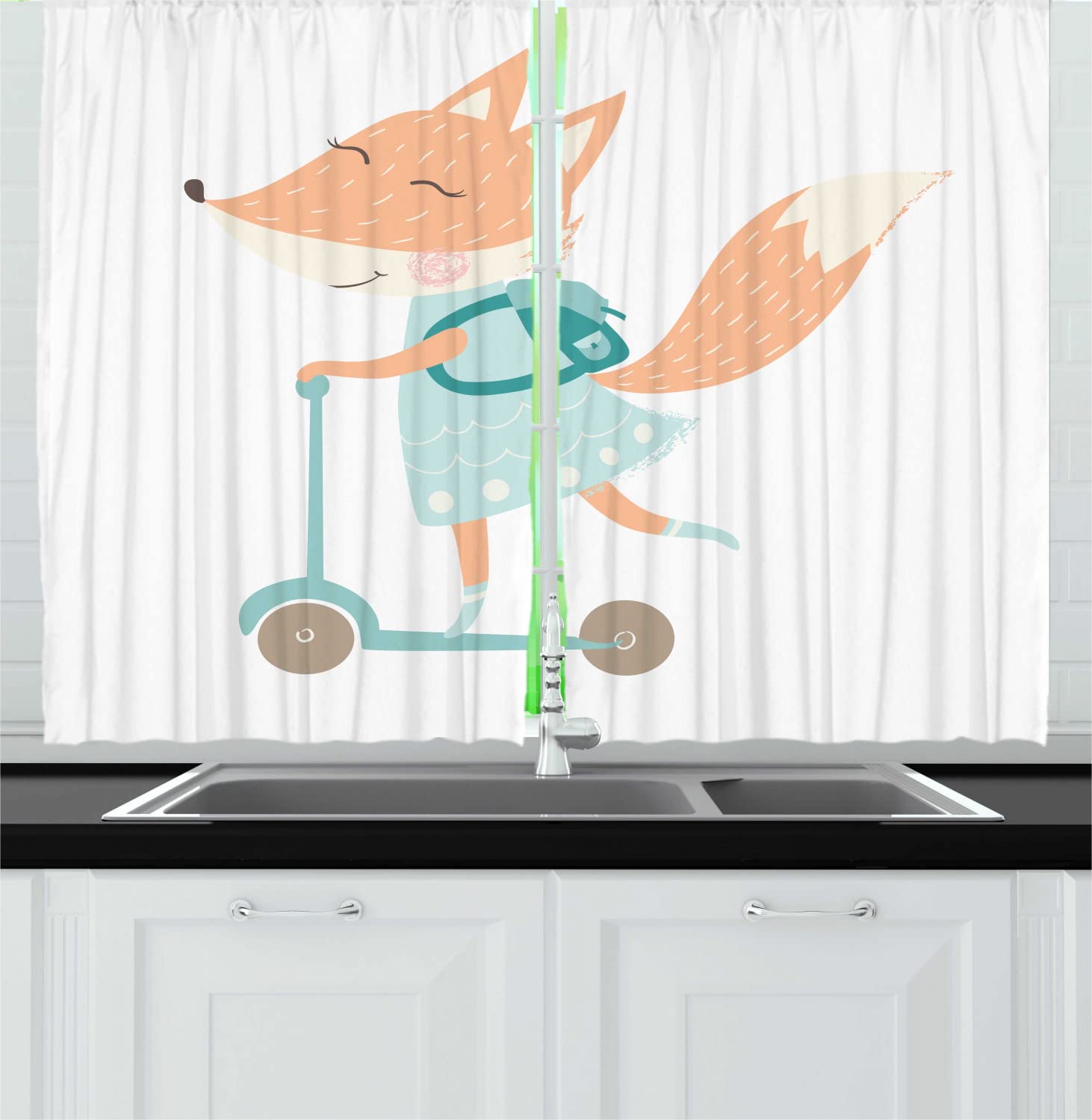 Ambesonne Fox Print Long Kitchen Curtains - 2 Panels with Rod Pocket, 55