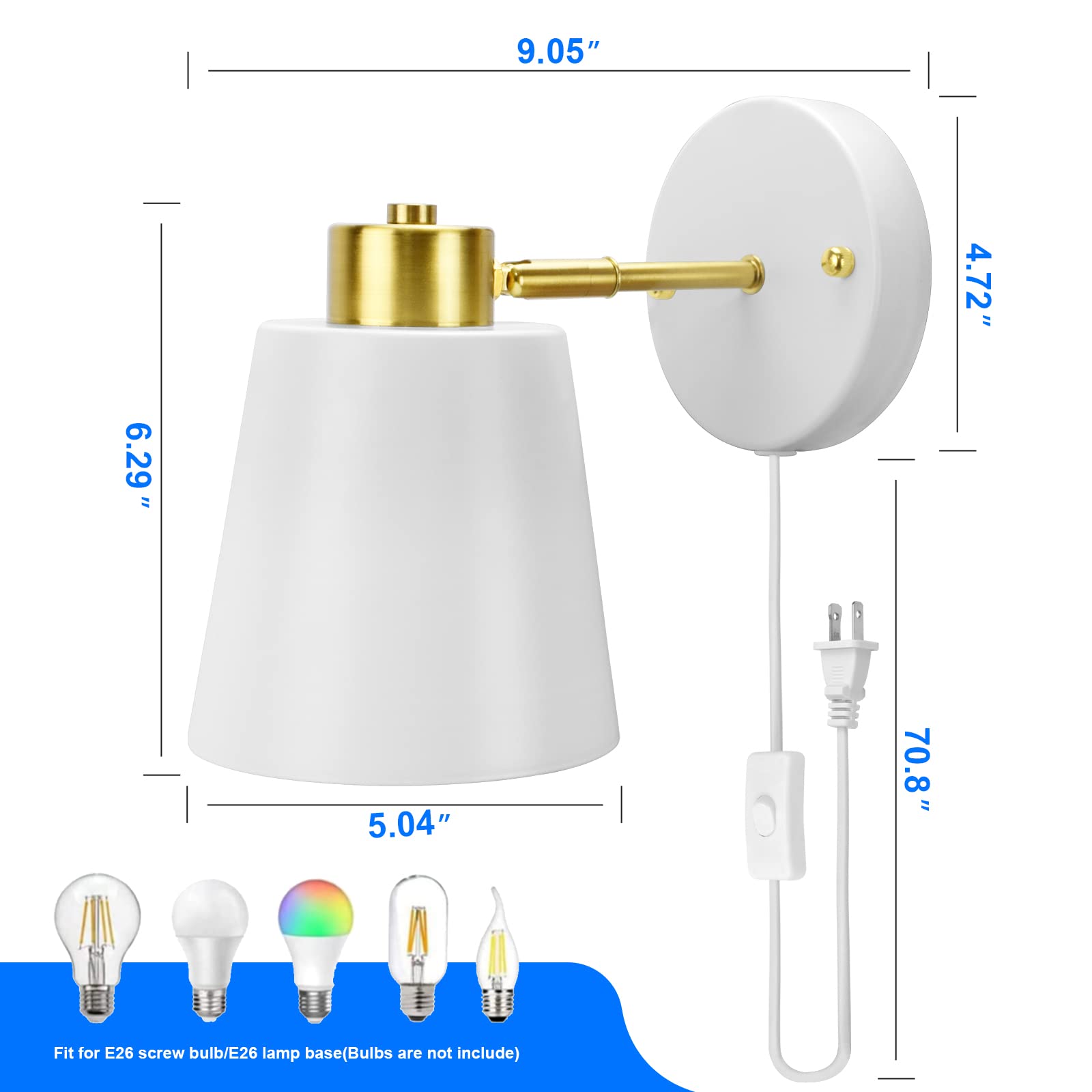 Yollzey Plug-in Wall Sconces - 2 Pack Adjustable Vintage Industrial Wall Lights with Rotatable Angle & White Finish | Perfect for Bedroom, Living Room, Hallway & Office Reading Lighting
