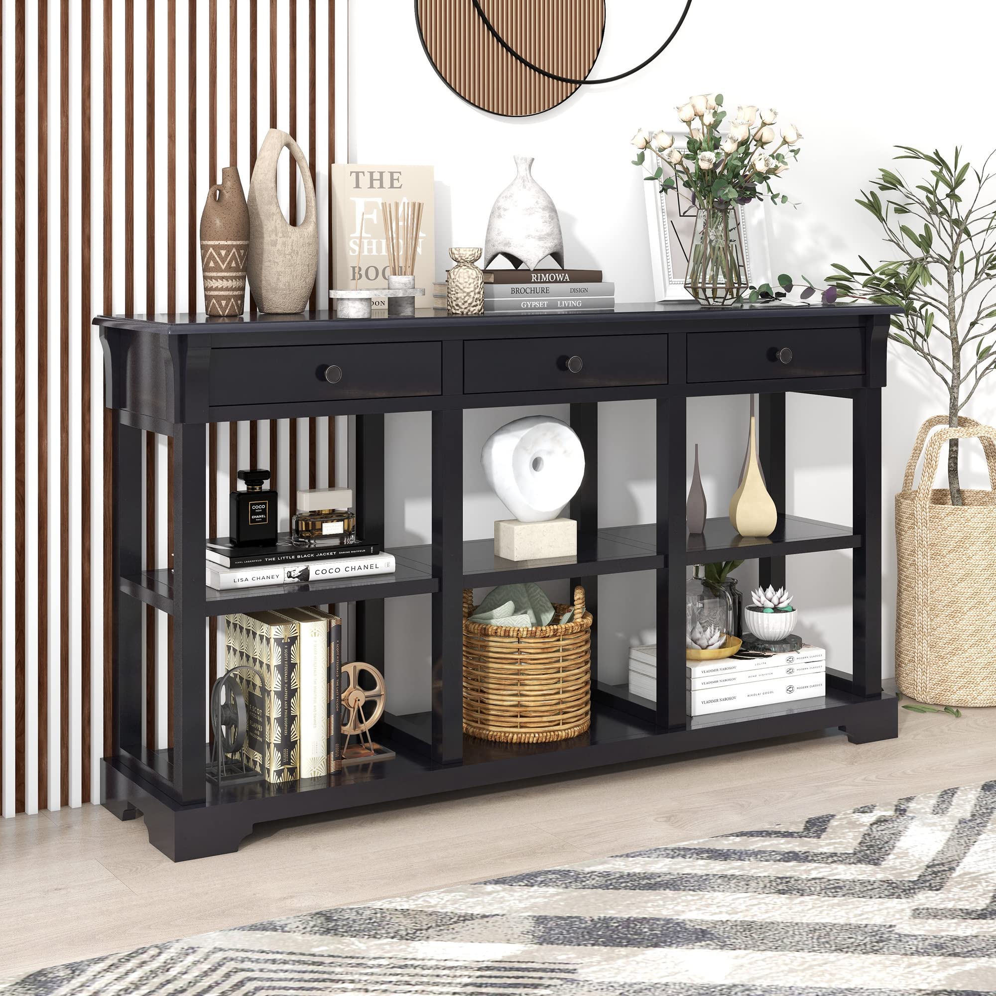 Retro Console Table with 3 Drawers & Open Shelves - 58