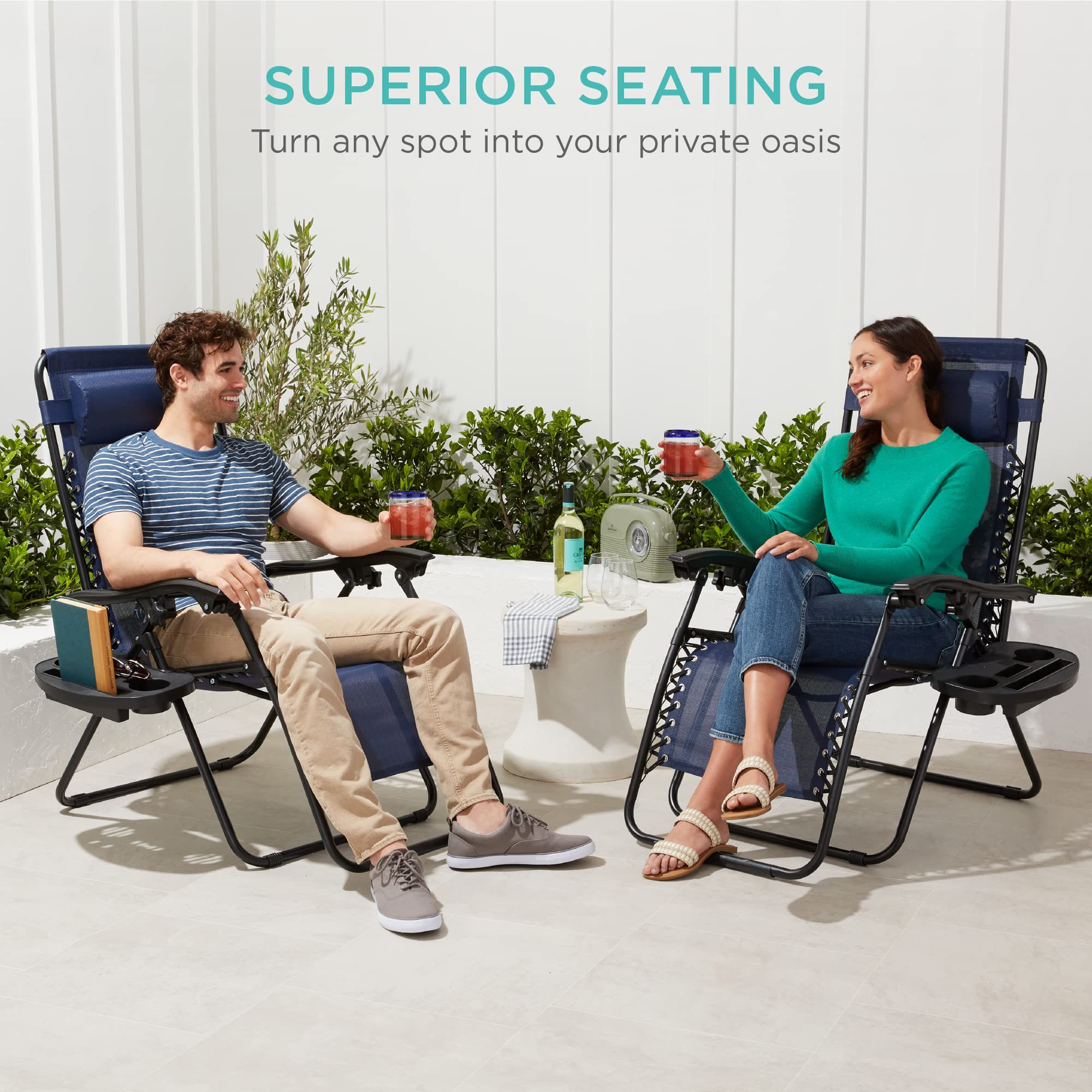 Best Choice Products Set of 2 Adjustable Steel Mesh Zero Gravity Lounge Chair Recliners with Pillows and Cup Holder Trays - Navy Blue - Perfect for Patio, Poolside, Backyard Relaxation and Outdoor Lounging