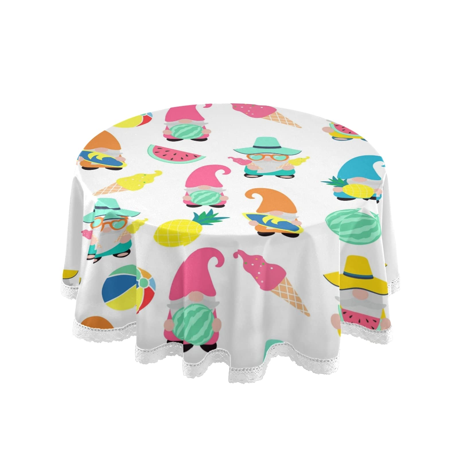 60 Inch Round Washable Polyester Tablecloth - Tropical Pineapple & Watermelon Summer Gnome Design for Kitchen, Party, Picnic & Dining Decor | Waterproof Circular Table Cover & Tabletop Runner