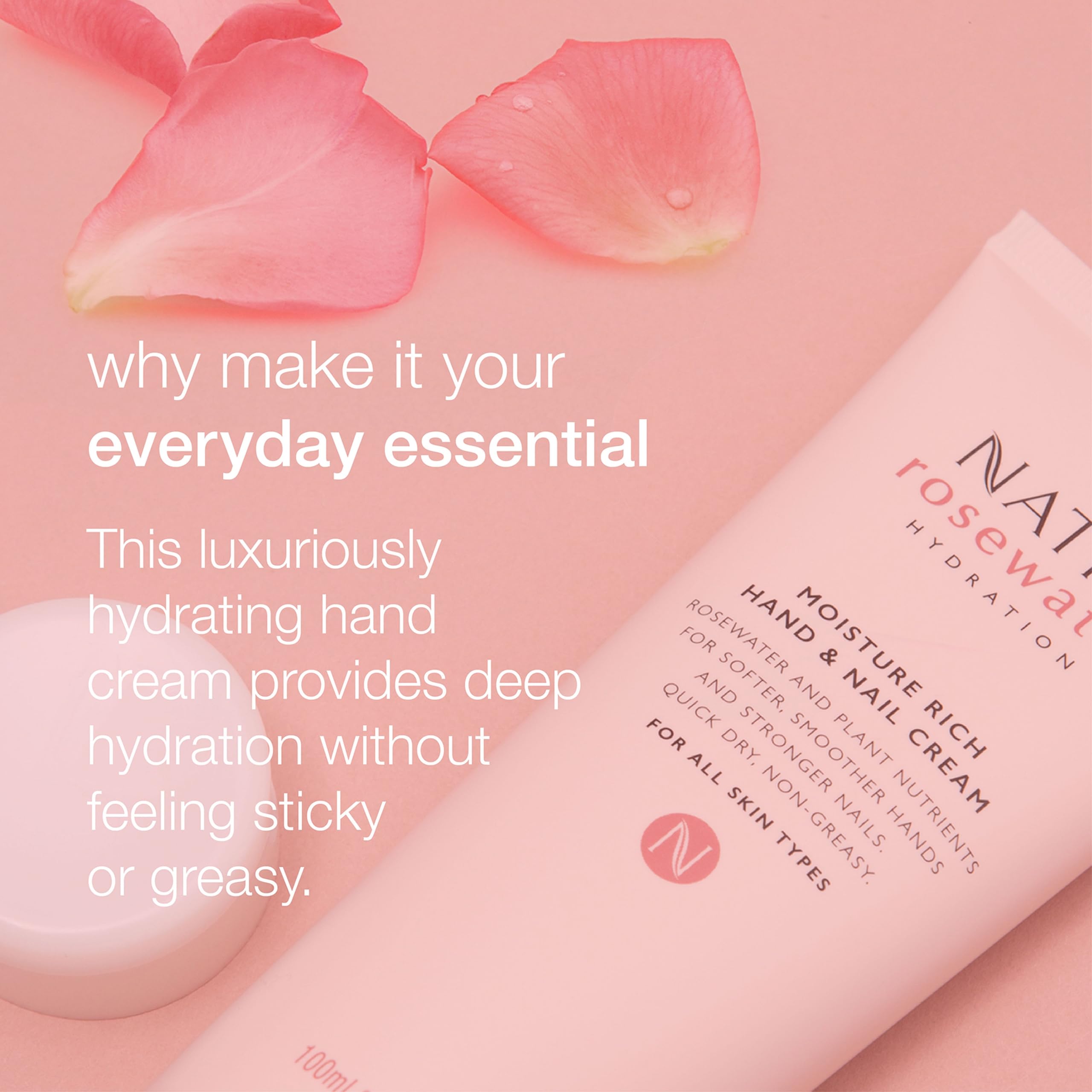 Natio Australia Rosewater Hydration Moisture Rich Hand & Nail Cream 3.4 oz - Soothing & Softening Hand Lotion for Dry Cracked Hands - Hydrating Hand Care with Natural Rosewater - Perfect for Daily Moisturizing, Office Use & Travel