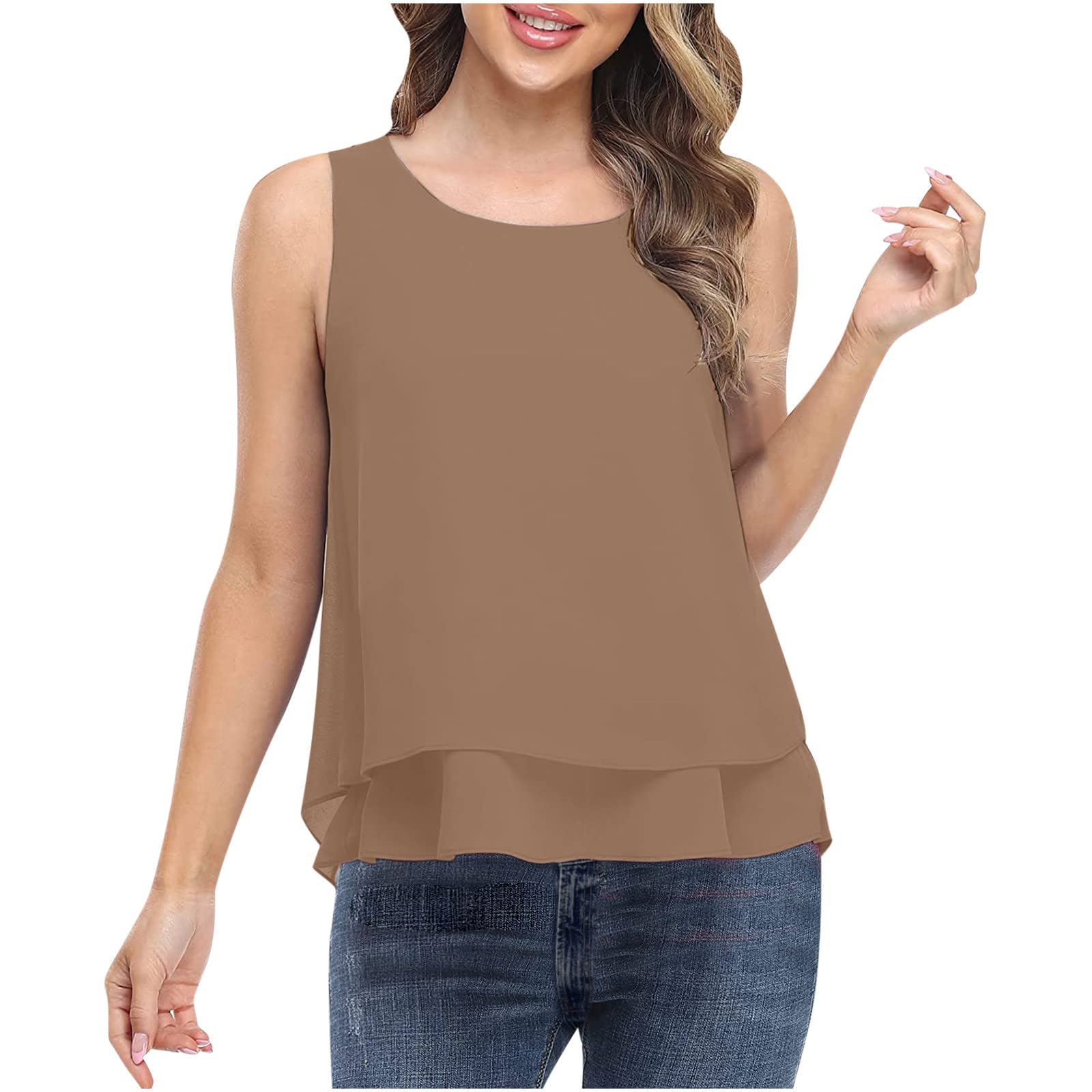 Women's Summer Tops - Casual Sleeveless Chiffon Blouse, Crewneck Pullover Shirt & Solid Color Tank Top | Breathable Camisoles & Tees for Beach, Office & Daily Wear