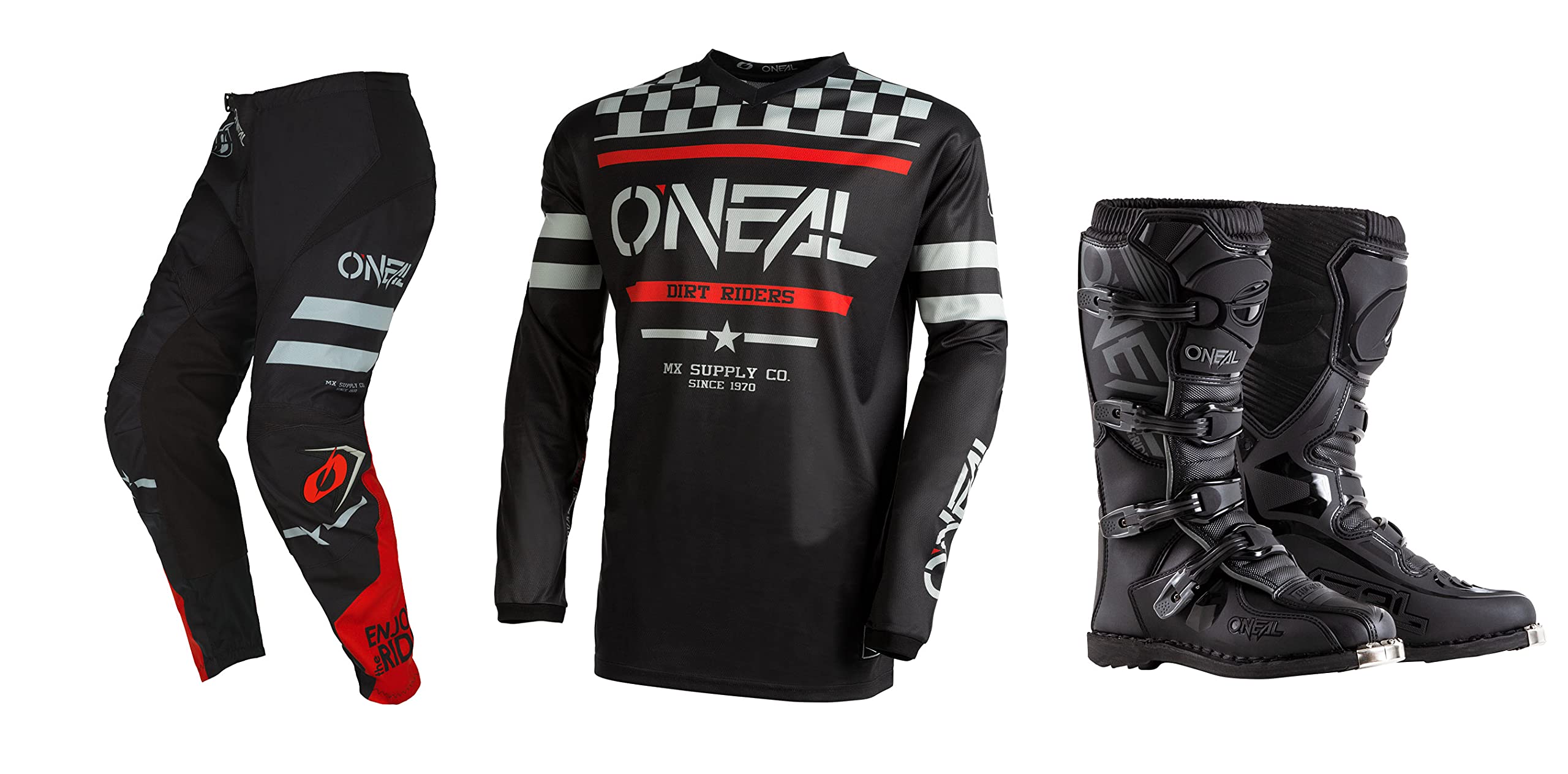 Oneal Element Squadron Black Grey Jersey Pant Boots Combo - Dirt Bike Motocross Racing Gear for Men & Women - Perfect for Off-Road Trail Riding & MX Track Competition