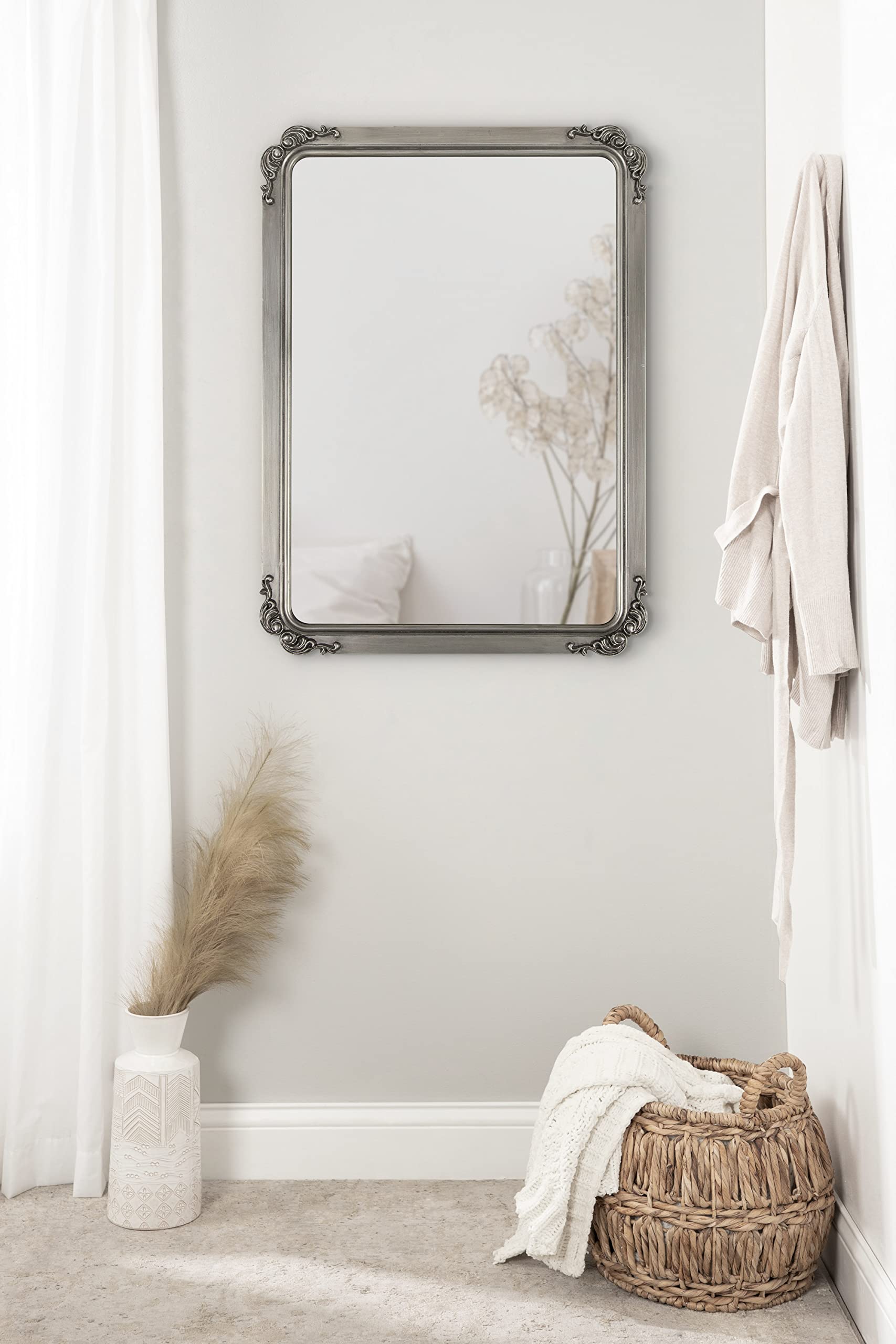 Kate and Laurel Ivette Traditional Ornate Wall Mirror - 25x35 Inches Silver Baroque Style Rectangular Mirror with Metal Frame & Elegant Garland Detail - Perfect for Living Room, Bedroom, Entryway & Bathroom Decor