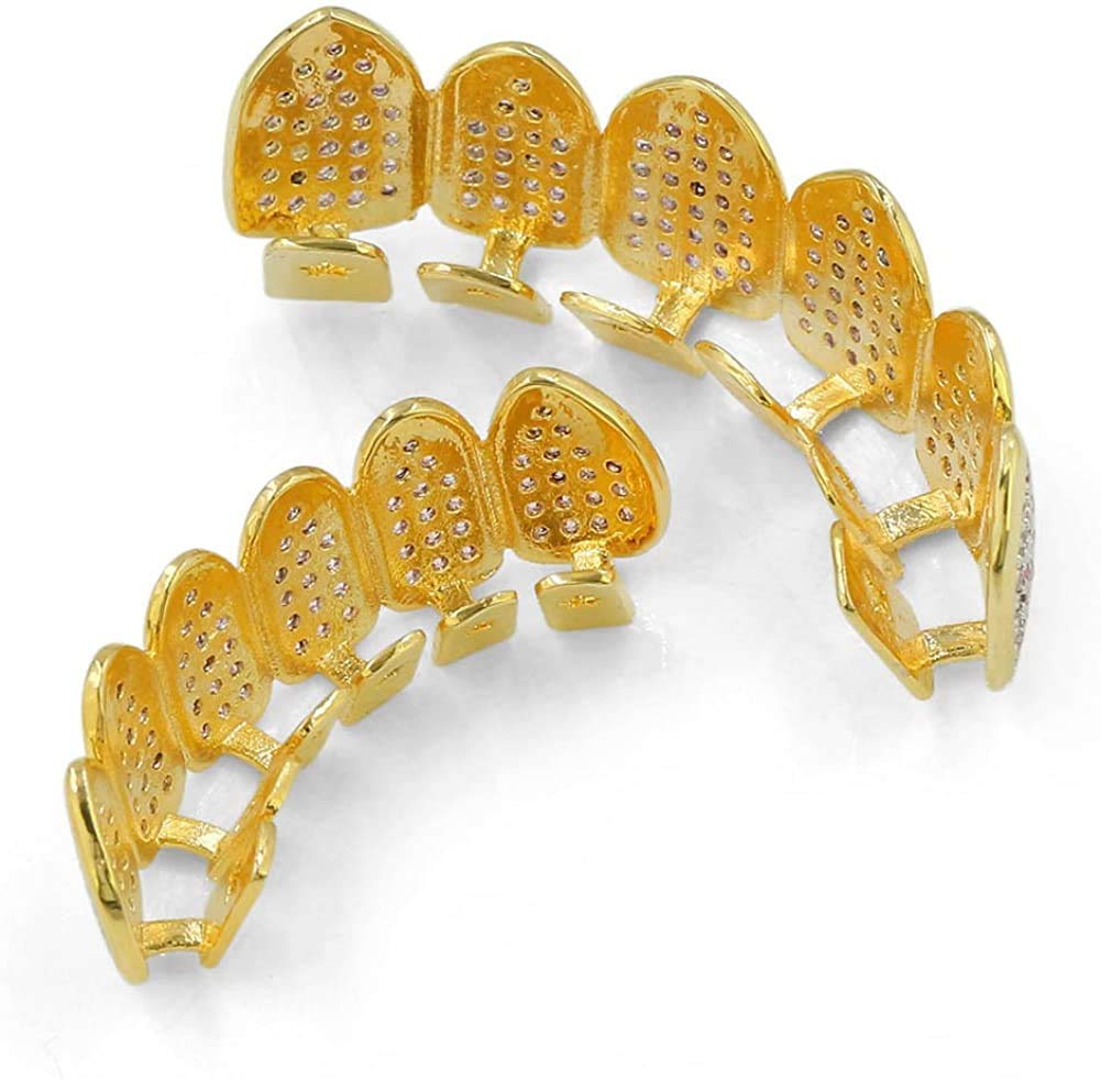 18K Gold Plated Iced Out Pink CZ Teeth Grillz for Women - Adjustable Moldable Dental Jewelry for Parties, Concerts & Hip Hop Fashion