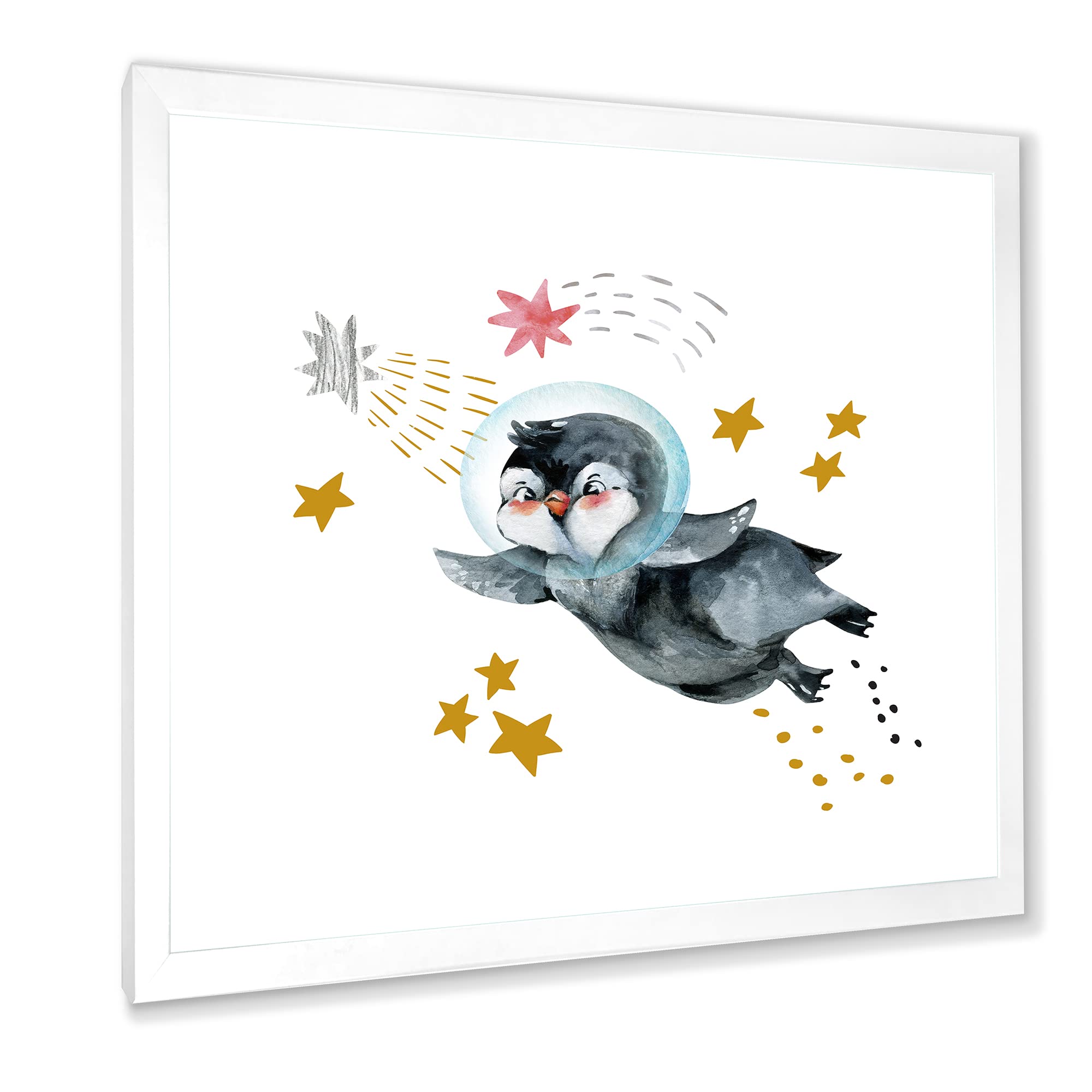 DesignQ Little Penguin Flying Stars and Planets Farmhouse Framed Wall Art - Nursery Decor, Kids Room Wall Decor, Living Room Wall Art