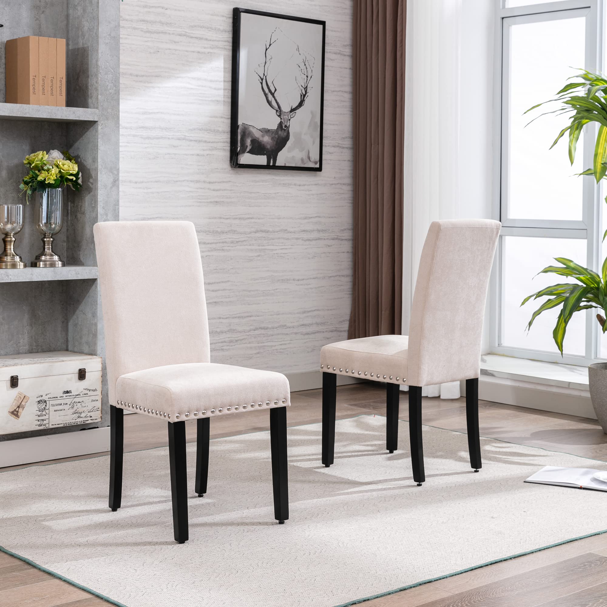 GOTMINSI Upholstered Fabric Dining Chairs Set of 2 - Padded Parson Chairs with Solid Wood Legs & Silver Nail Trim, Beige | Perfect for Kitchen, Dining Room & Living Room Seating