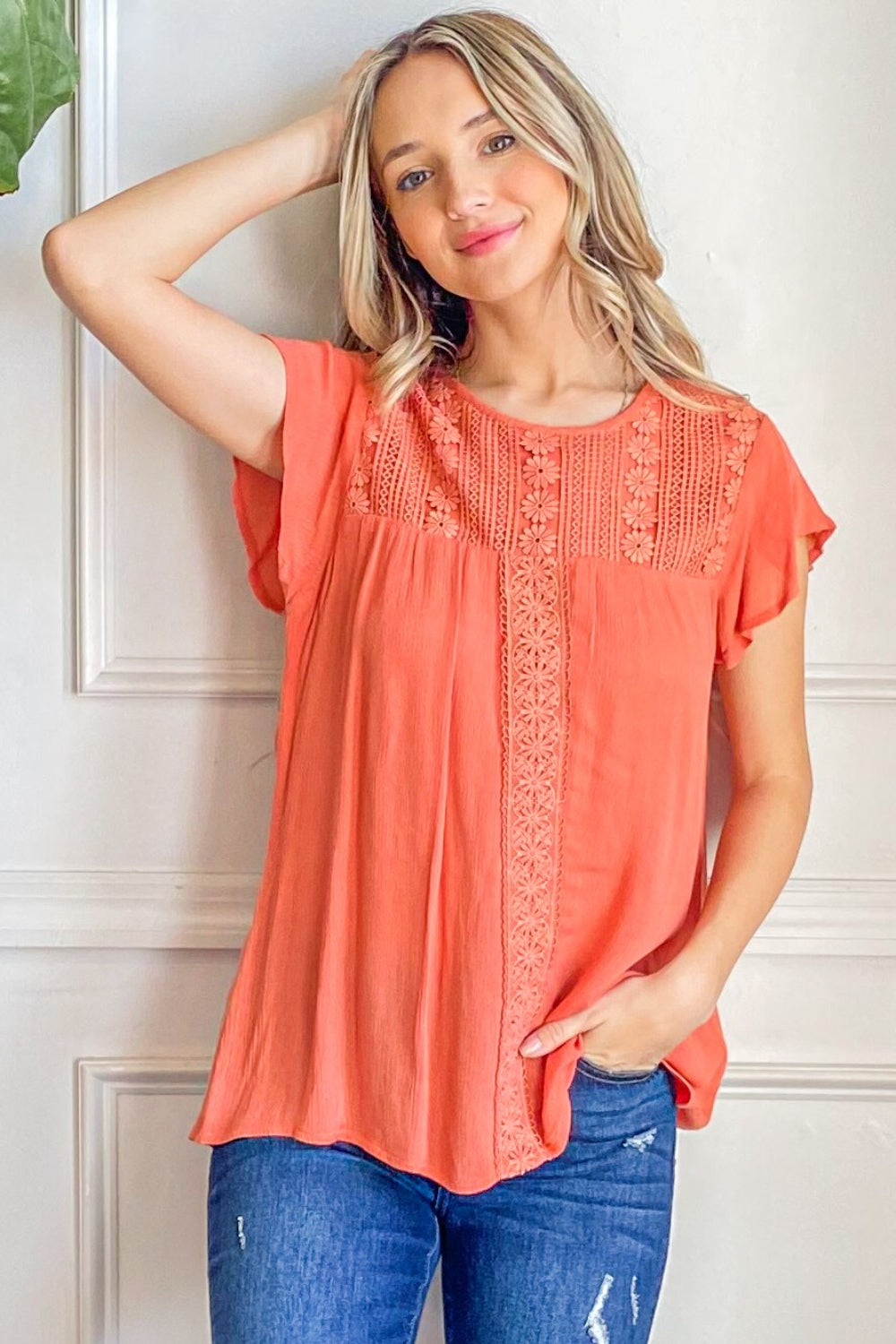 Stylish Lace Detail Ruffle Short Sleeve Blouse Top for Women - Perfect for Office Wear, Date Nights & Summer Outfits