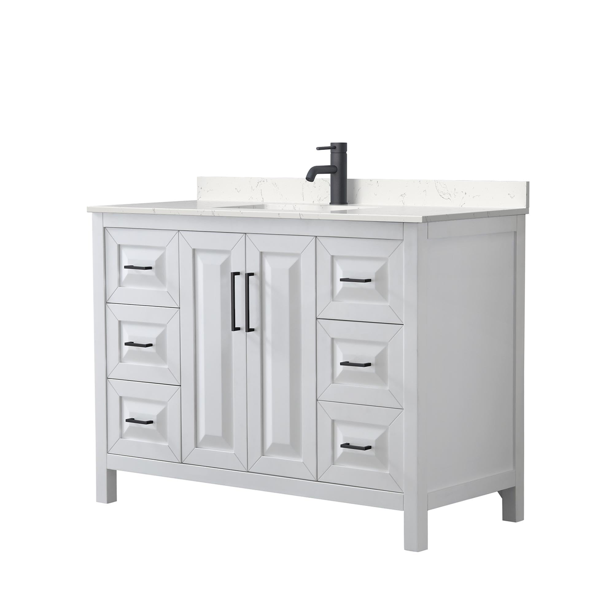 Wyndham Collection Daria 48 Inch White Bathroom Vanity with Light-Vein Carrara Cultured Marble Countertop & Undermount Square Sink - Matte Black Trim - Perfect for Modern Bathrooms, Master Suites & Home Renovations