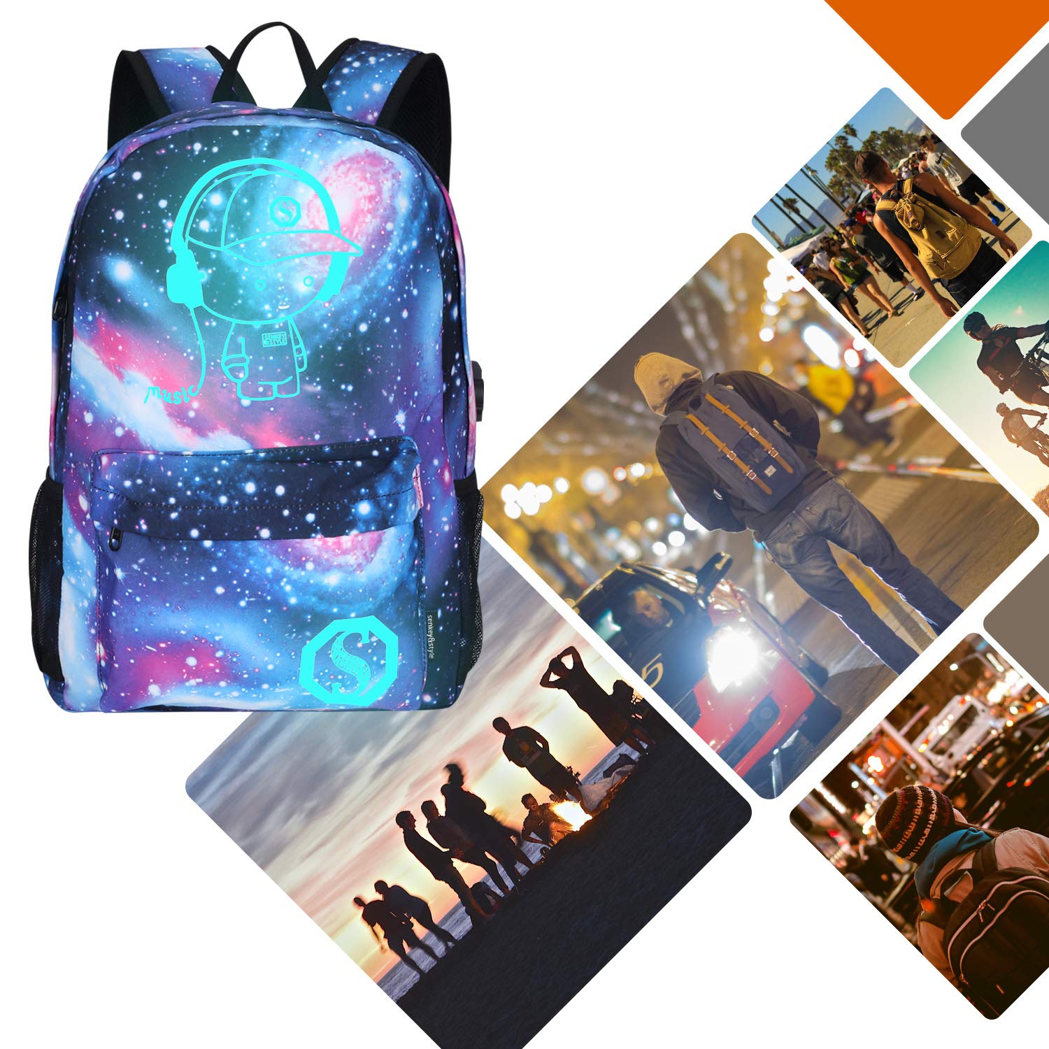 Galaxy Backpack for School & College - Anime Luminous Anti-Theft Laptop Backpack with USB Charging Port - Perfect for Students, Travel & Daily Commute