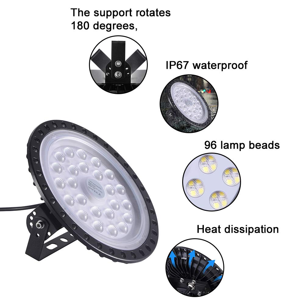 100W UFO LED High Bay Light Fixture - 10 Pack, 6500K Cool White, 10000LM Brightness, IP65 Waterproof, with Mounting Brackets - Equivalent to 500W MH/HPMH/HPS - Perfect for Warehouse Lighting, Workshop Illumination, Garage & Commercial Spaces