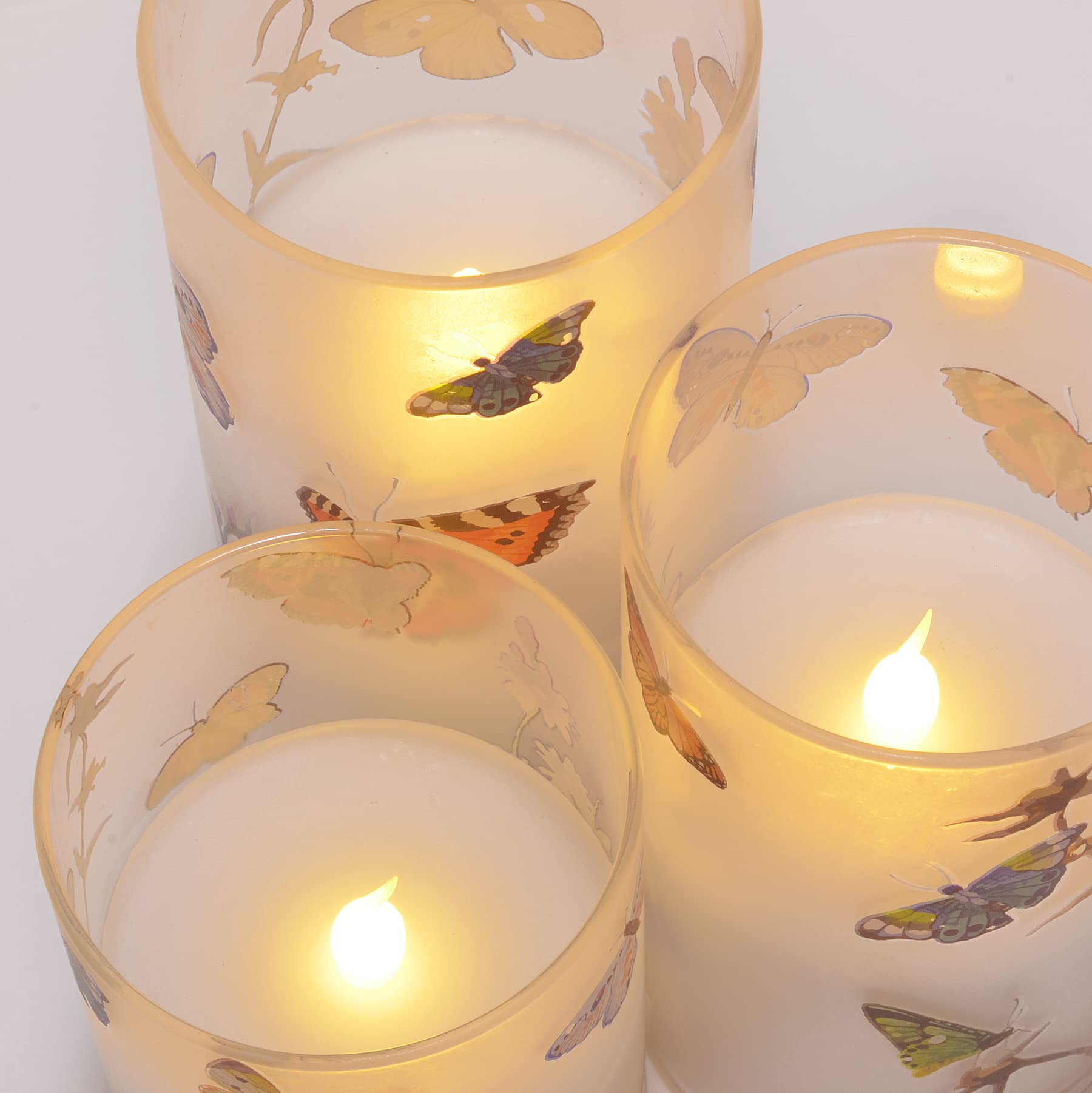 Flameless LED Glass Pillar Candles Set of 3 - 6 Inch Butterflies & Wildflowers Design by Mark Feldstein - Battery Operated Decorative Candles for Home, Wedding, Party & Romantic Ambiance Lighting