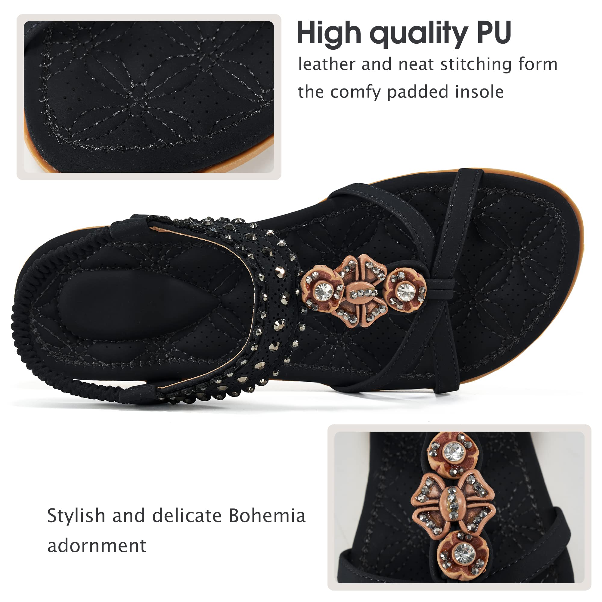 Alicegana Women's Comfortable Non-Slip Bohemian Sandals - Jeweled Elastic Ankle Straps for Walking, Beach & Summer Casual Wear - Perfect for Vacations, Outdoor Dates & Dressy Occasions
