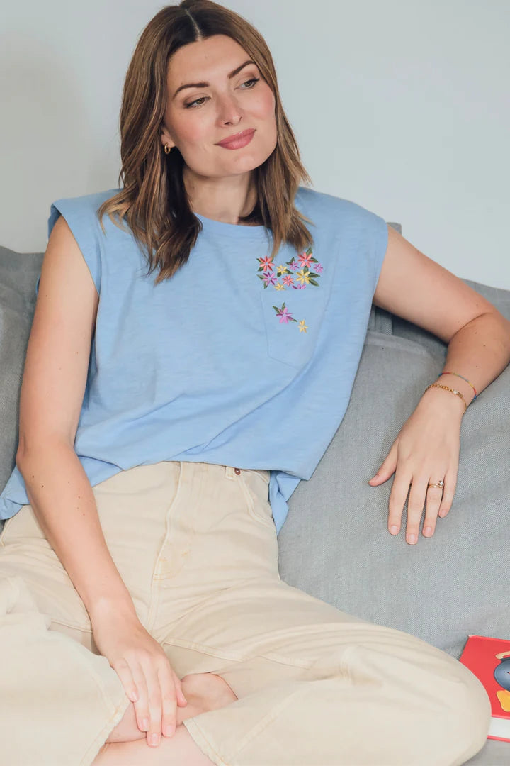 Chrissy Relaxed Fit Women's Tank Top with Floral Pocket - Soft & Comfortable Blue Floral Print T-Shirt for Casual Wear, Summer Outfits & Layering