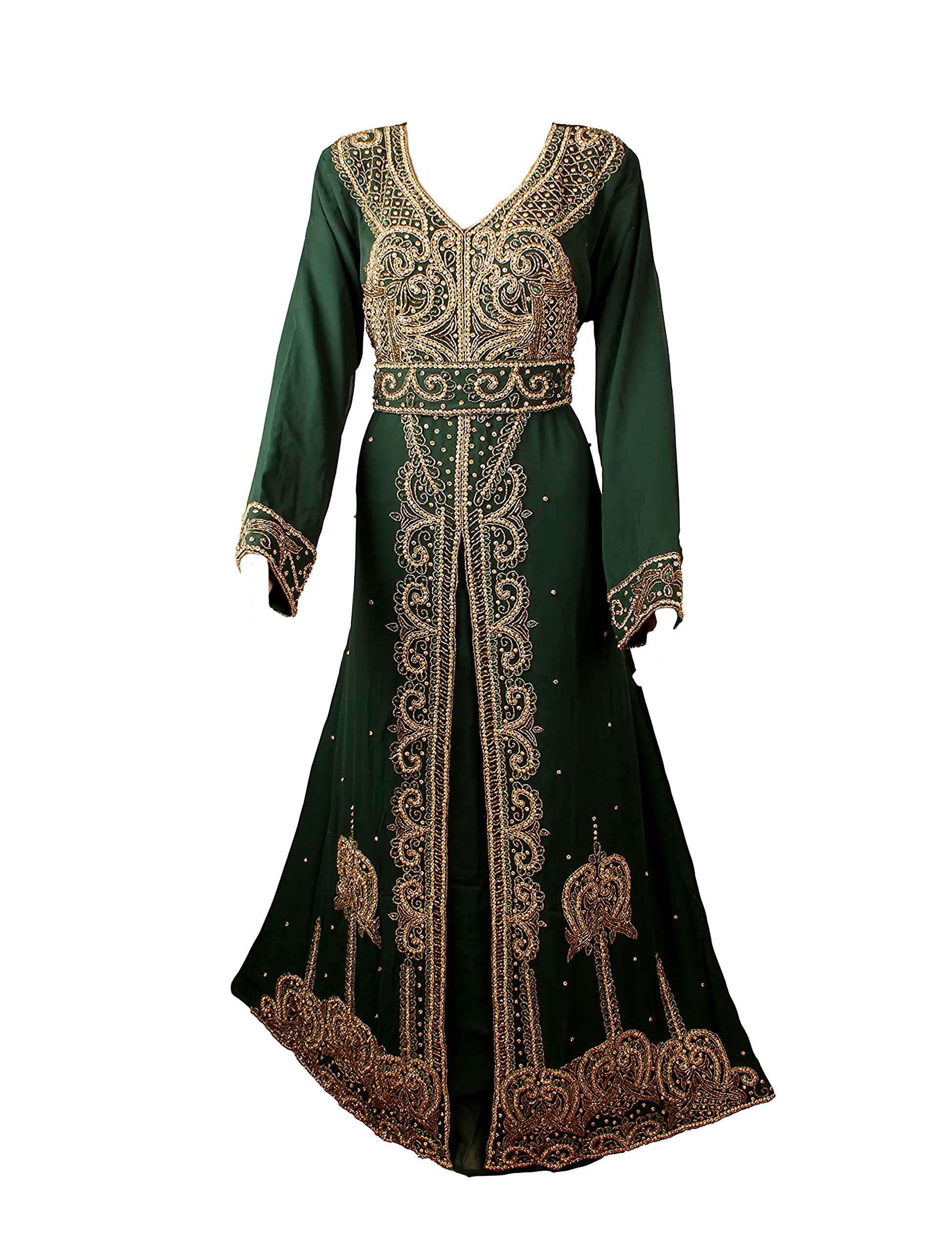 Elegant Long Sleeve Abaya Kaftan Dress for Women - Dubai Muslim Maxi Gown, Moroccan Farasha Designer Kaftan by AFREEN CREATION (D Green 2, XL) | Perfect for Eid, Wedding, Party & Special Occasions
