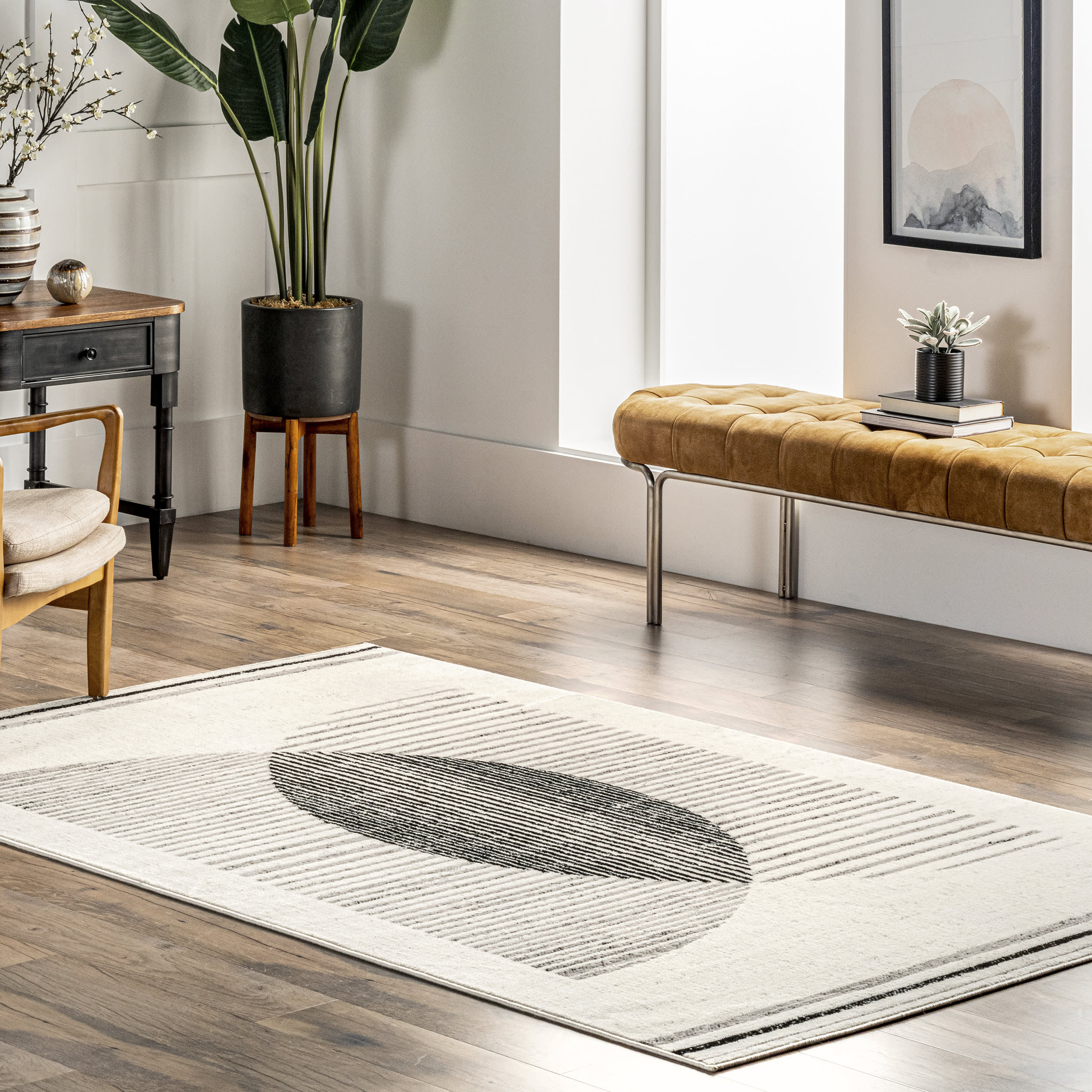 Freya Abstract Eclipse Rug - Soft Modern Grey Area Rug for Living Room, Bedroom & Office Decor