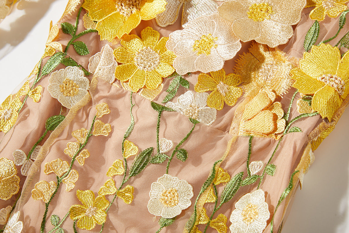 Carol Yellow Floral Embroidered Mesh Long Sleeve Midi Dress - Perfect for Spring Weddings, Garden Parties & Boho Chic Outfits