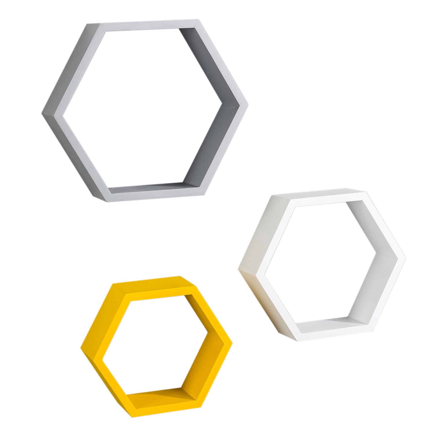 Hexagon Floating Shelves Set of 3 - White, Grey & Yellow Wooden Wall Mounted Shelves for Home Decor | Wall Organizer for Living Room, Bedroom & Office Storage