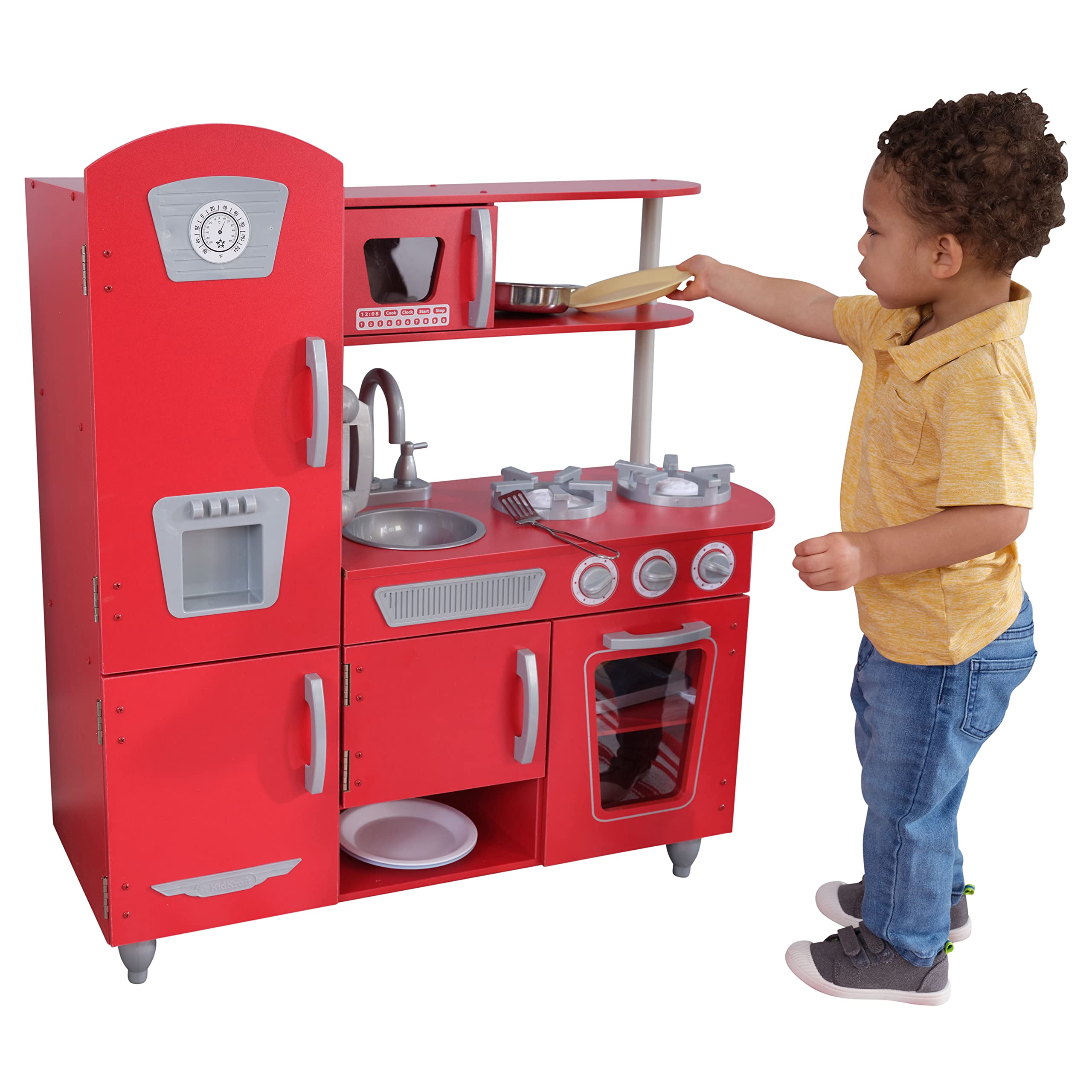KidKraft Vintage Play Kitchen Toy for Kids - Red Wooden Pretend Play Kitchen Set, Perfect Gift for Toddlers Ages 3+ | Great for Imaginative Play, Preschool Learning & Birthday Gifts