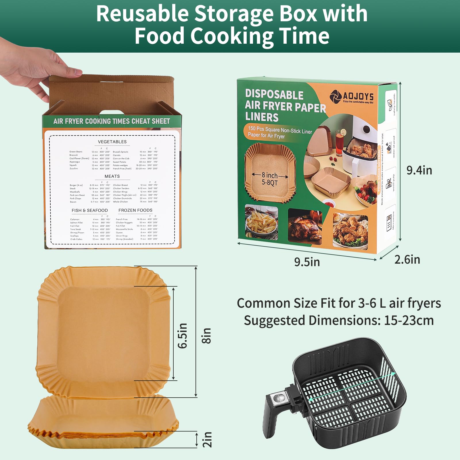 **150-Pack Disposable Air Fryer Liners - 8 Inch Non-Stick Parchment Paper for 5-8QT Air Fryers | Oil-Proof, Microwave Safe | Perfect for Frying, Baking, Roasting & Reheating | Square Shape for Easy Fit**