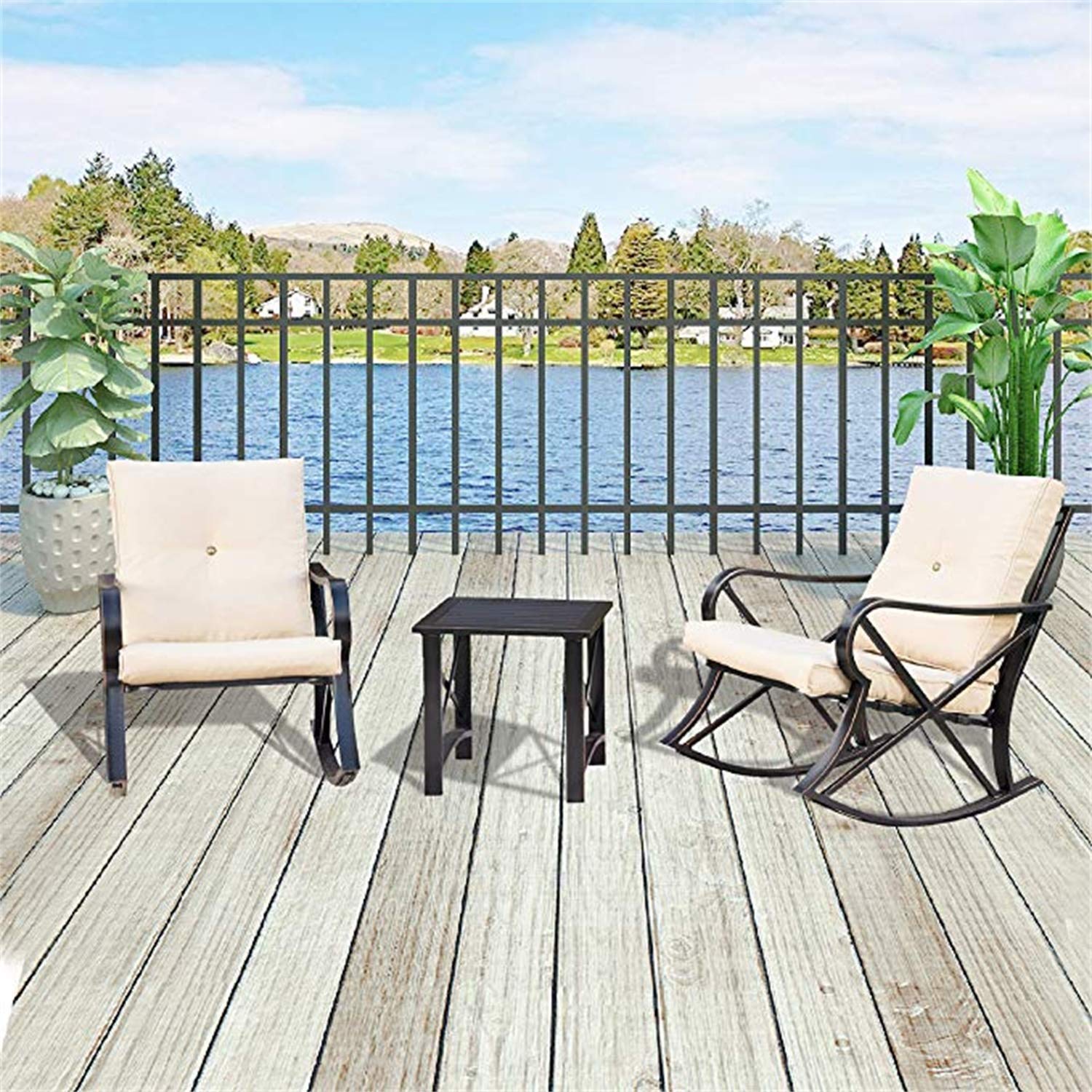 Patio Festival® 3-Piece Metal Outdoor Rocking Chair Bistro Set with Coffee Table & Thick Cushions - Durable Conversation Set for Backyard, Lawn, Porch, Poolside | Perfect for Relaxing, Entertaining & Outdoor Dining