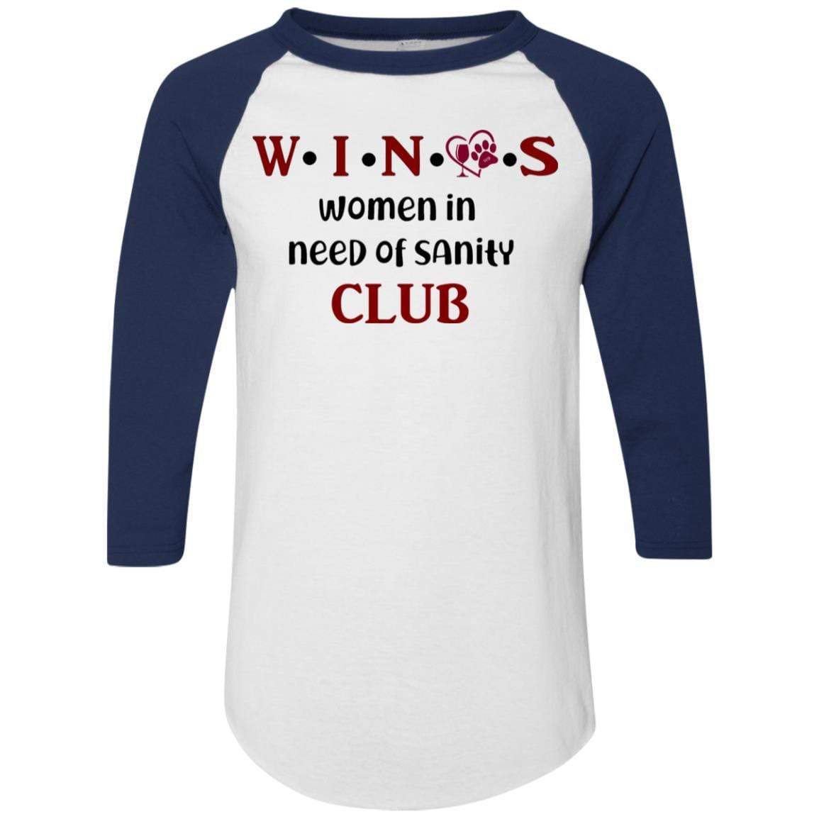 WineyBitches.Co WINOS Club Colorblock Raglan Jersey with Burgundy Lettering - Perfect for Wine Tasting Parties, Girls' Night Out & Casual Wear