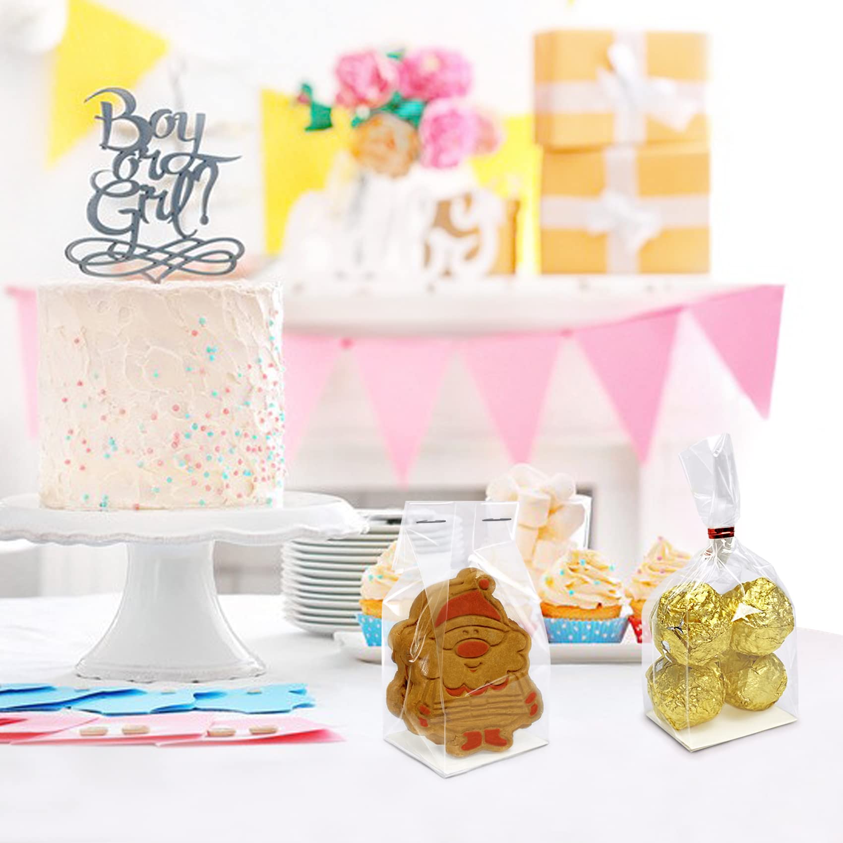 Morepack Gusseted Cellophane Bags 2x1.5x5 Inches - 50Pcs Flat Bottom Cookie Bags with Paper Insert for Biscotti, Cookies & Pastries - Perfect for Bakery, Gift Packaging & Party Favors