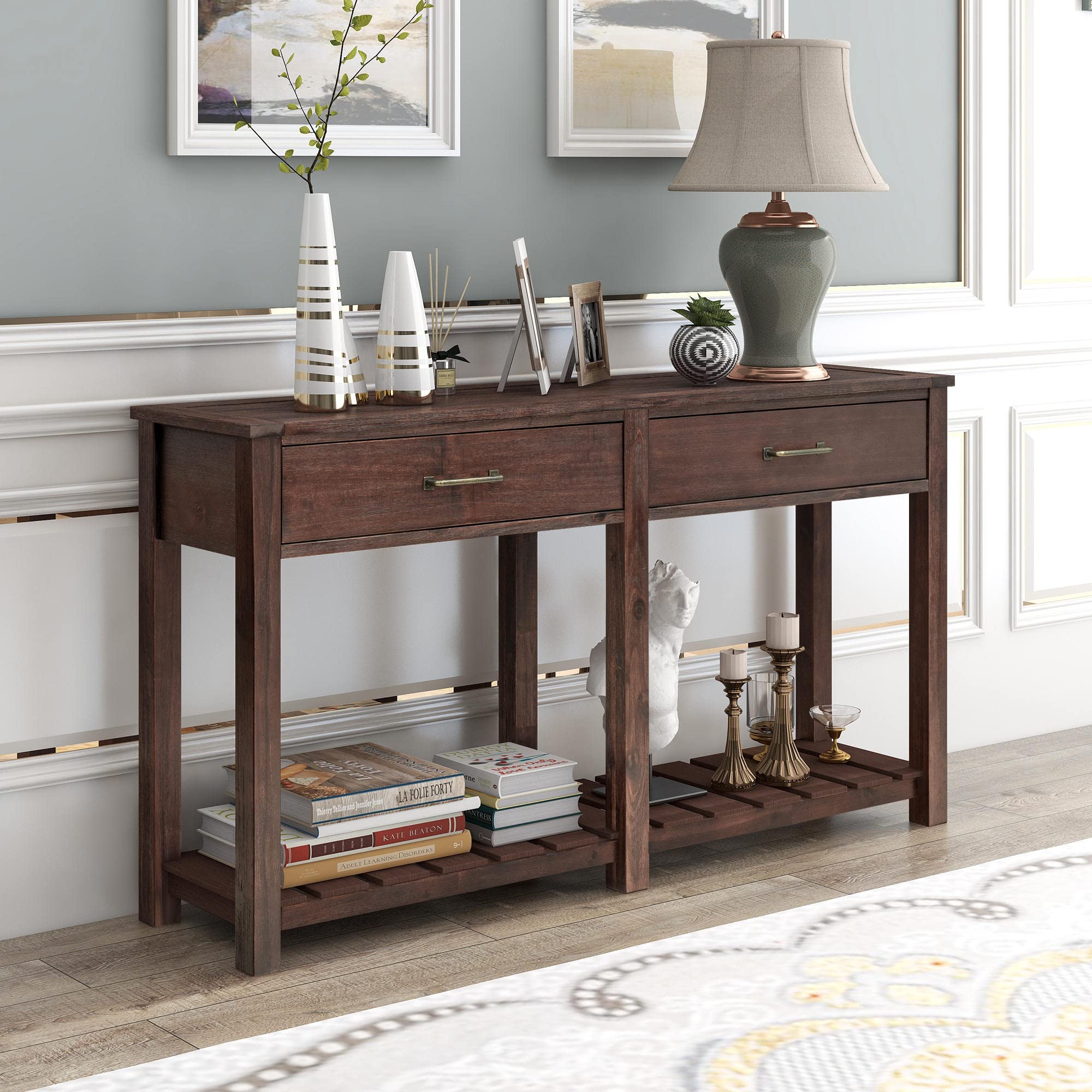 Vintage Sofa Console Table with 2 Drawers & Slatted Shelf - Solid Wood Narrow Entryway Table with Storage - Perfect for Living Room, Hallway, Foyer & Espresso Decor - Ideal for Small Spaces & Home Organization