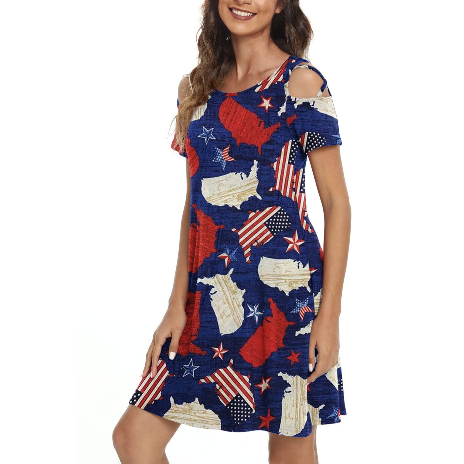XXFF Women's Hawaiian Summer Dress - Casual Beach Short Sleeve Strappy Cold Shoulder Dress with Pockets | Perfect for Vacations, Luau Parties & Tropical Getaways