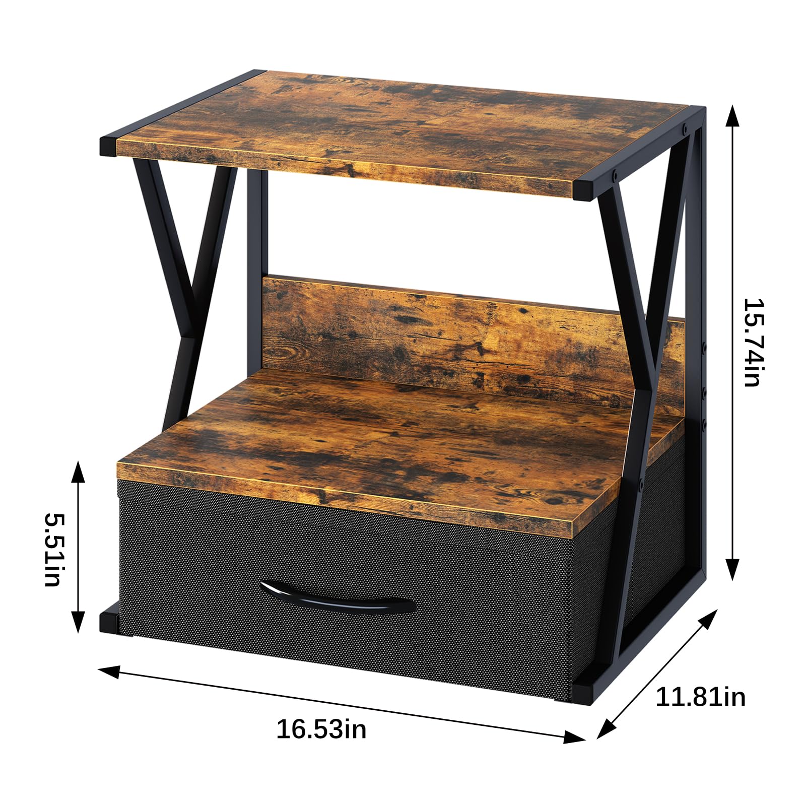 aboxoo 2-Tier Printer Stand with Storage Drawer - Rustic Brown Desk Organizer for Fax Machine, 3D Printer & Scanner - Space-Saving Home Office Solution for Under Desk or Desktop Use