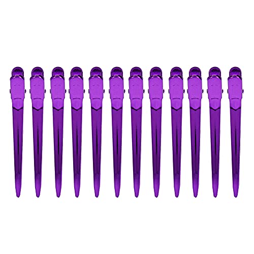 12 Pack Stainless Steel Non-Slip Crocodile Hair Clips for Hairdressing & Barbering - Purple Duckbill Sectioning Clips for Hair Styling, Scalp Treatments & Salon Use