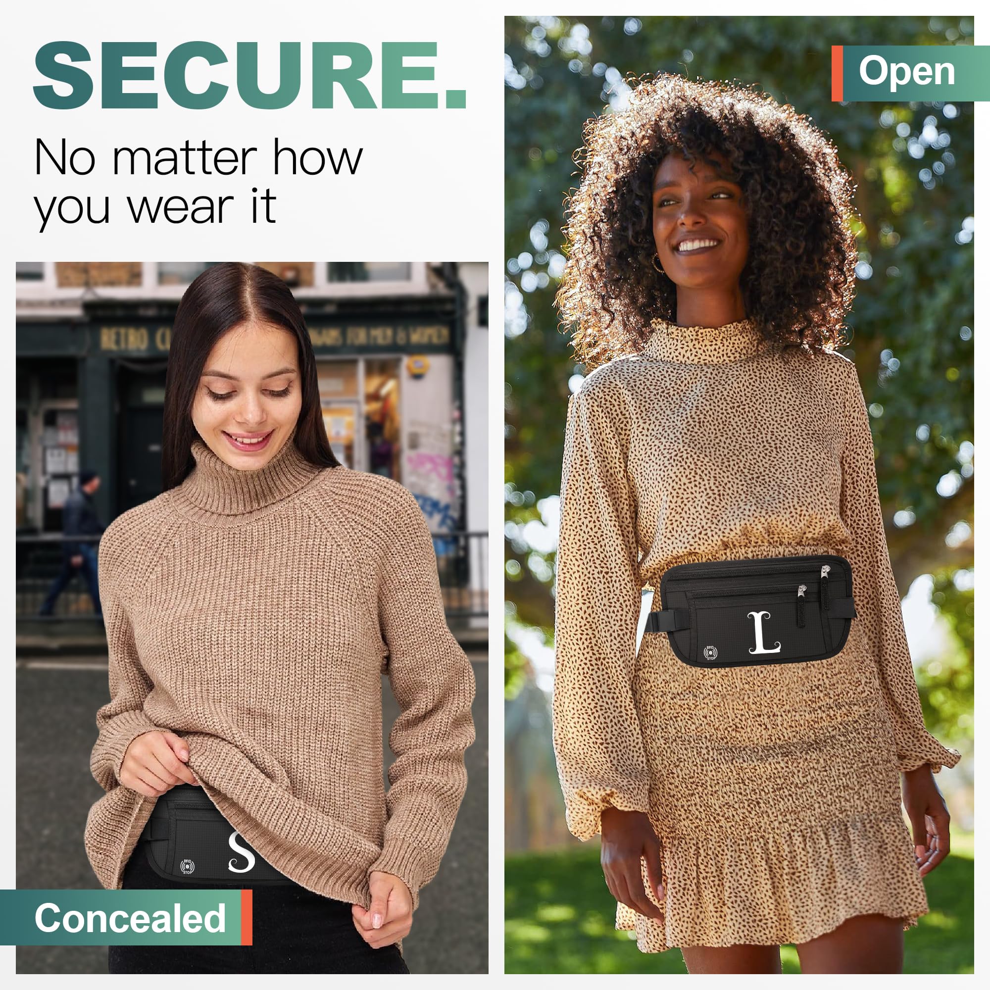 Anti-Theft RFID Travel Money Belt with Personalized Initials - Slim Passport Holder & Travel Wallet for Women & Men (Letter M) - Perfect for Airports, Vacations & Secure Cash Storage