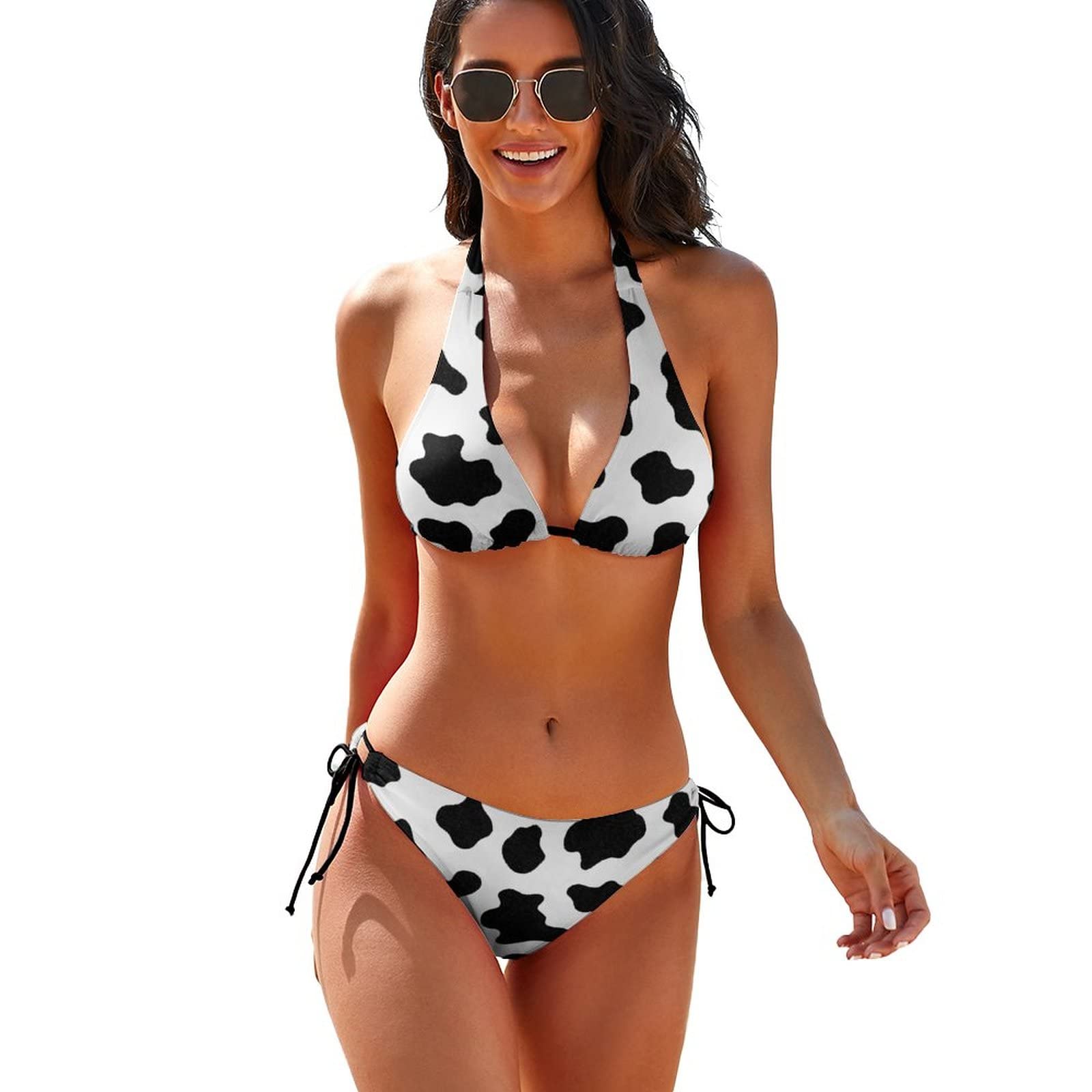 Women's Cow Print Bikini Set - String Halter Triangle Top & High Waist Bottom Swimwear for Beach, Pool Party & Summer Vacation