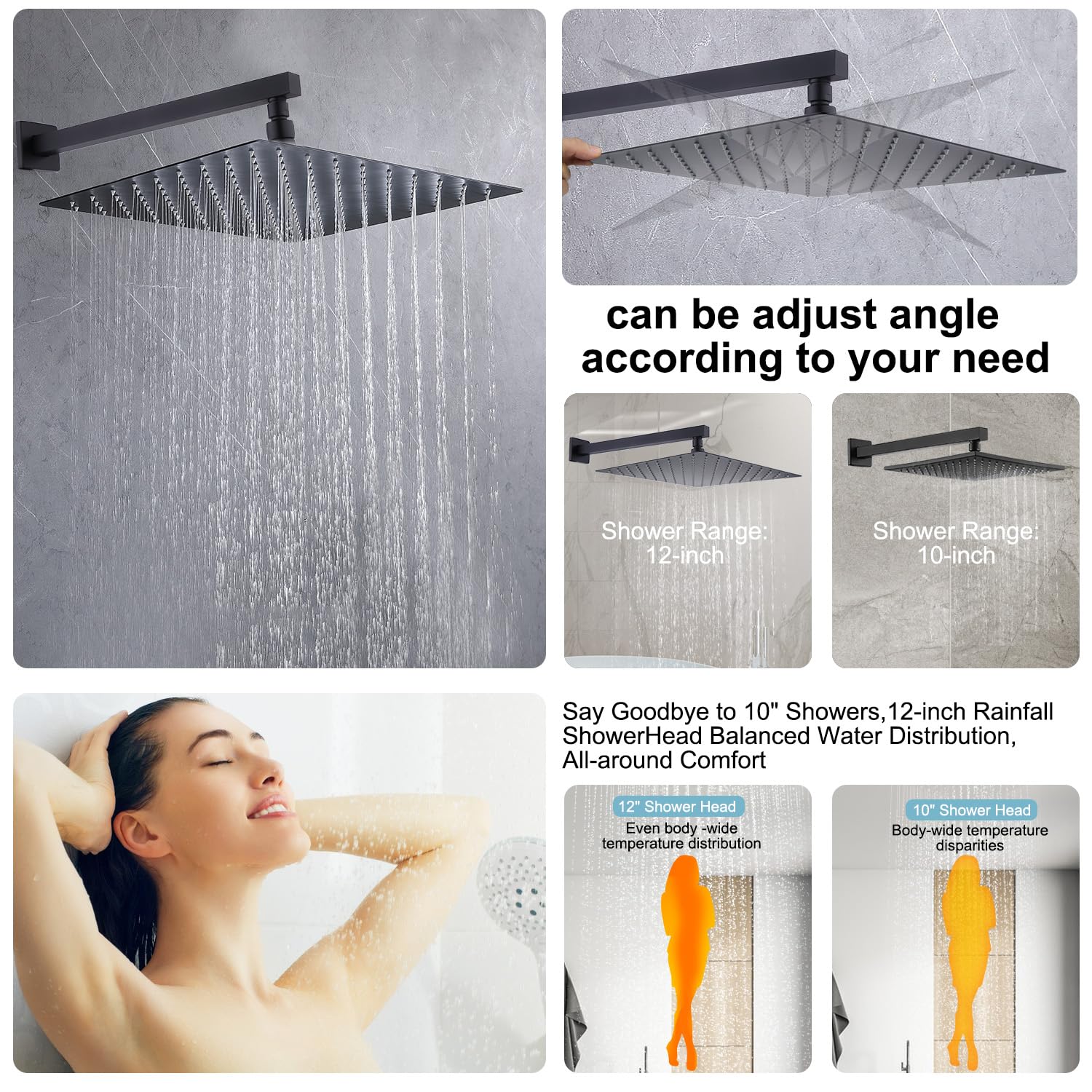 Premium Matte Black Rain Shower System - 12