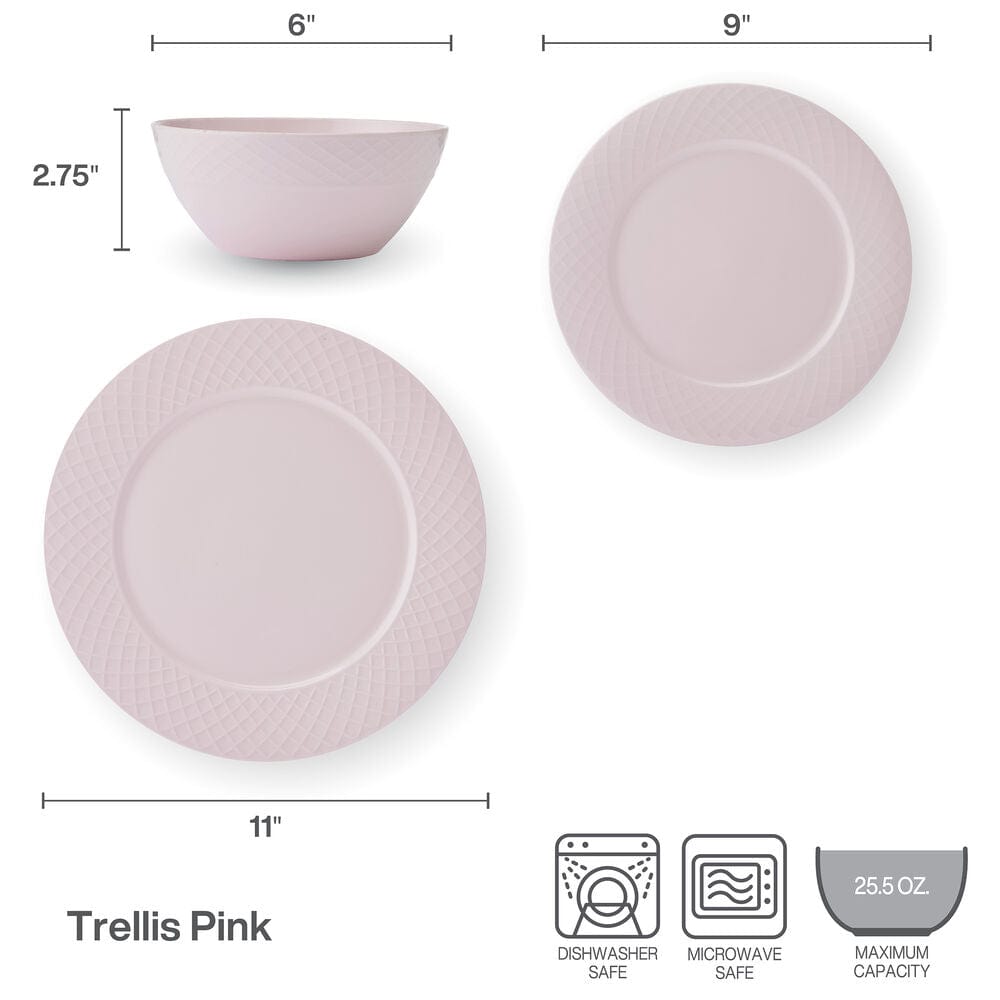 Trellis Pink 12-Piece Dinnerware Set - Service for 4 People - Elegant Porcelain Plates, Bowls & Mugs - Perfect for Family Dinners, Parties & Everyday Use
