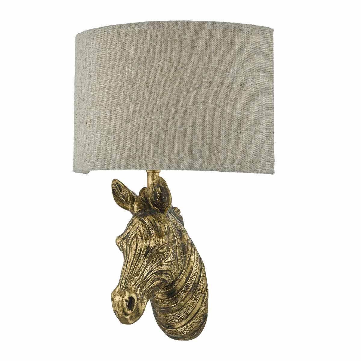 Gold Zebra Wall Light with Natural Linen Shade - Modern Animal Print Sconce for Bedroom, Nursery, or Living Room Decor