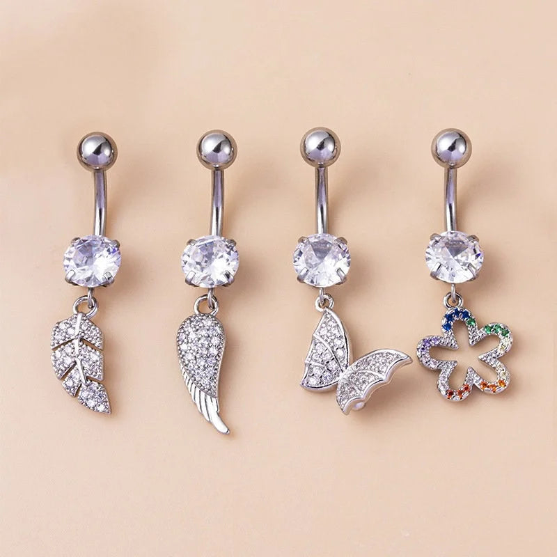 14G Hypoallergenic Flower Feather Belly Button Ring - Surgical Steel Navel Piercing Jewelry for Women | Perfect for Summer Beach, Pool Parties & Boho Fashion